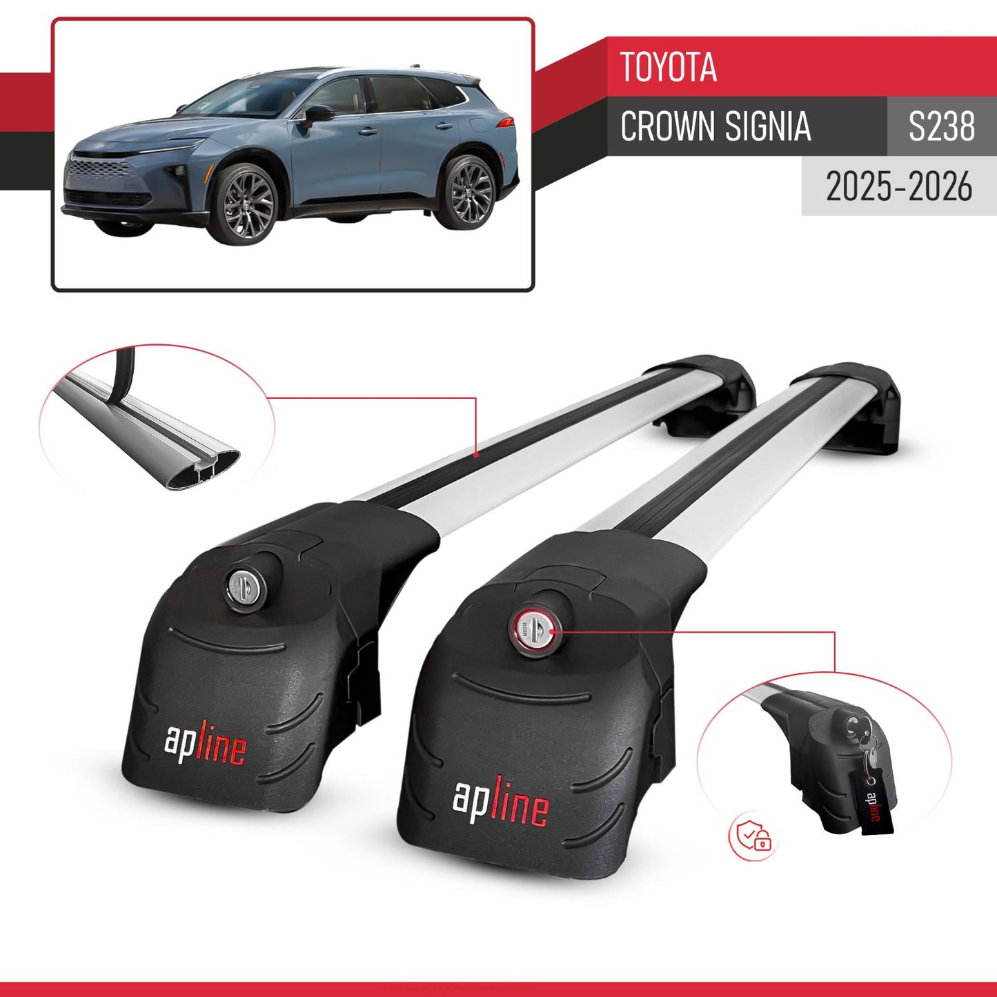 Compatible with Toyota Crown Signia (S238) 2025-2026 ACE-2 Model Roof Rack Gray 2 Aluminium Bars