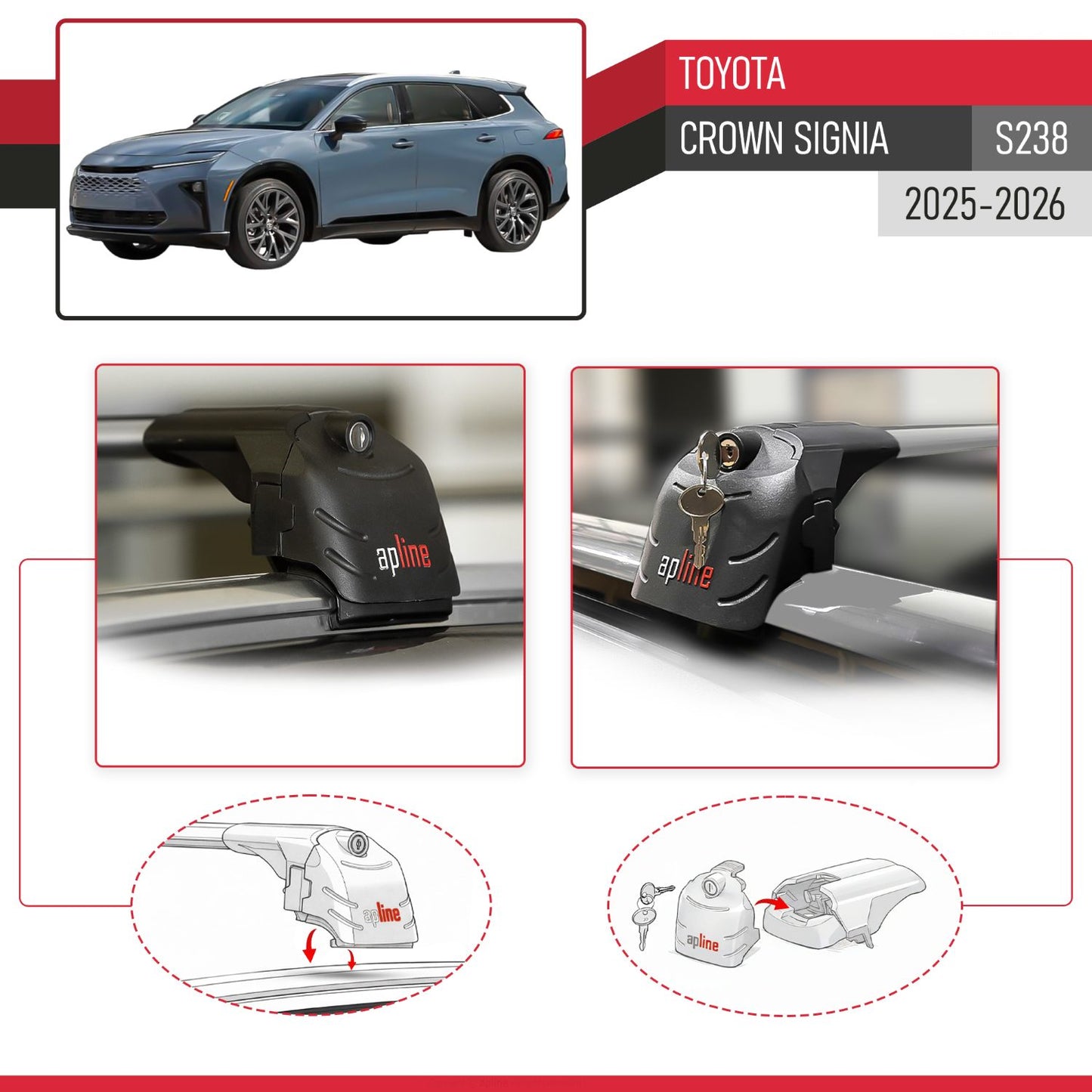 Compatible with Toyota Crown Signia (S238) 2025-2026 ACE-2 Model Roof Rack Gray 2 Aluminium Bars