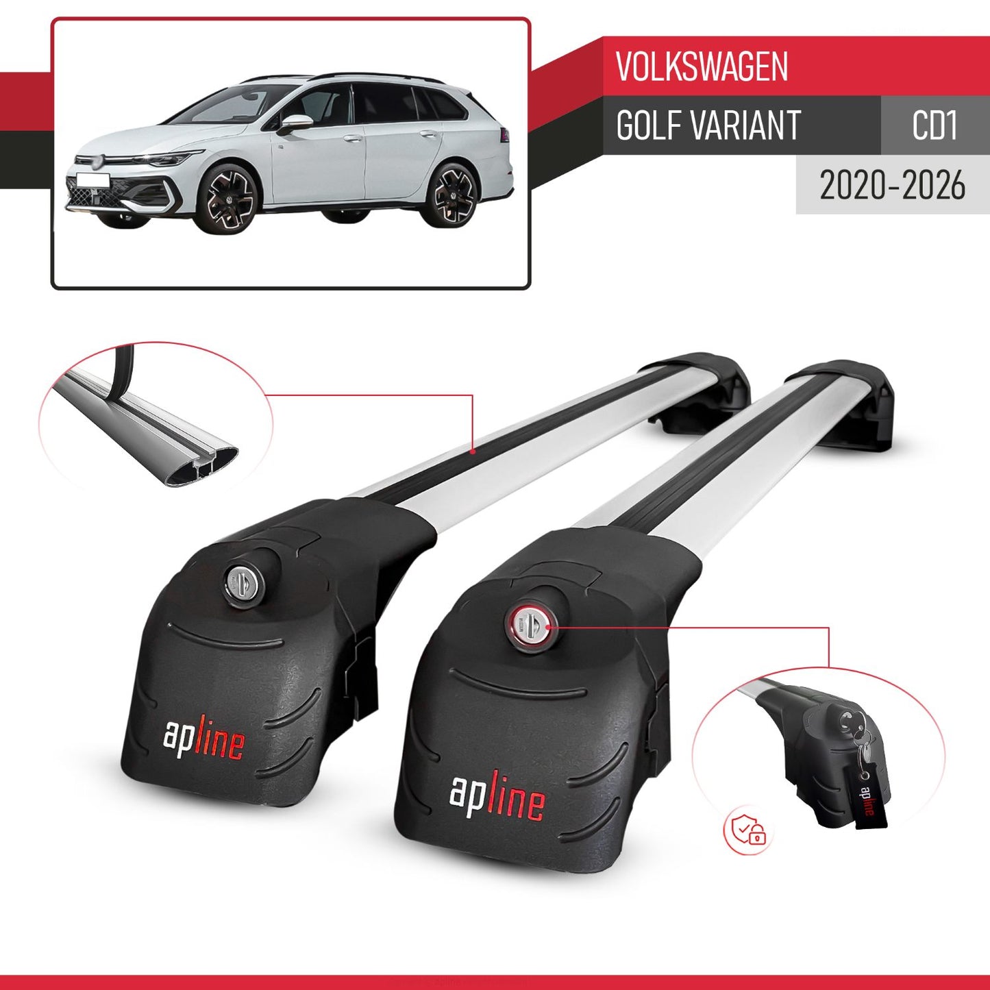 Compatible with Volkswagen Golf Variant (CD1) 2020-2026 ACE-2 Model Car Roof Rack Cross Bar Gray Aluminium 2 Bars