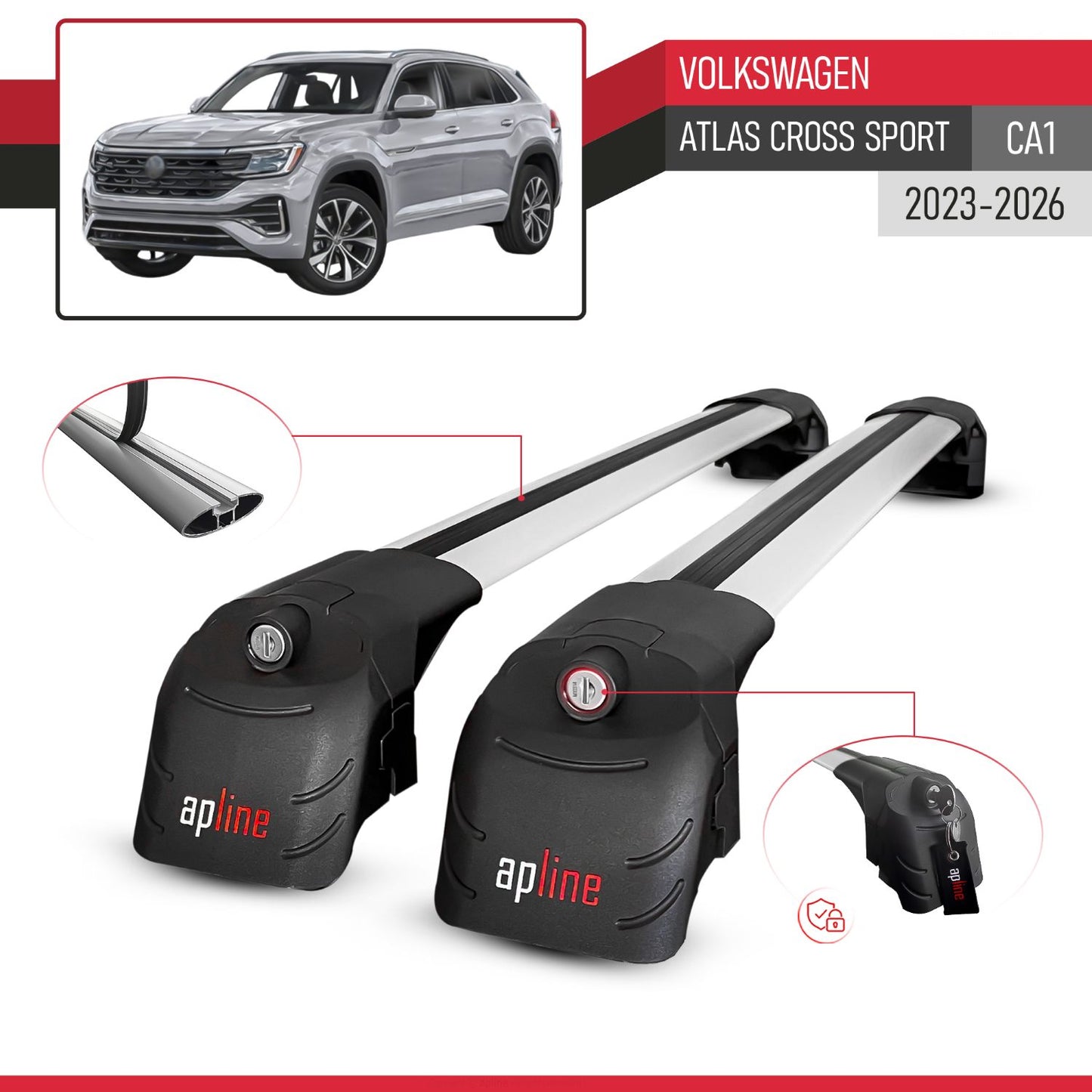 Compatible with Volkswagen Atlas Cross Sport (CA1) 2023-2026 ACE-2 Model Car Roof Rack Cross Bar Gray Aluminium 2 Bars