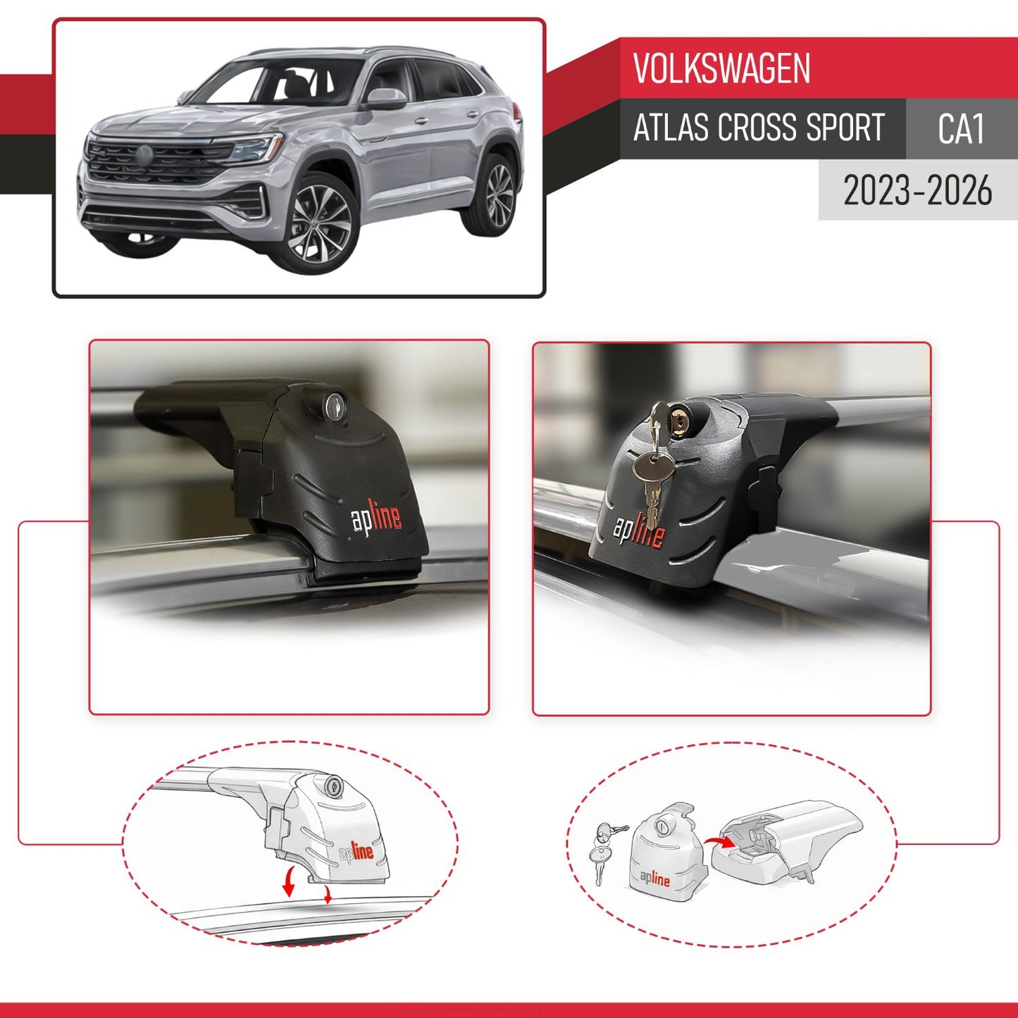 Compatible with Volkswagen Atlas Cross Sport (CA1) 2023-2026 ACE-2 Model Car Roof Rack Cross Bar Gray Aluminium 2 Bars