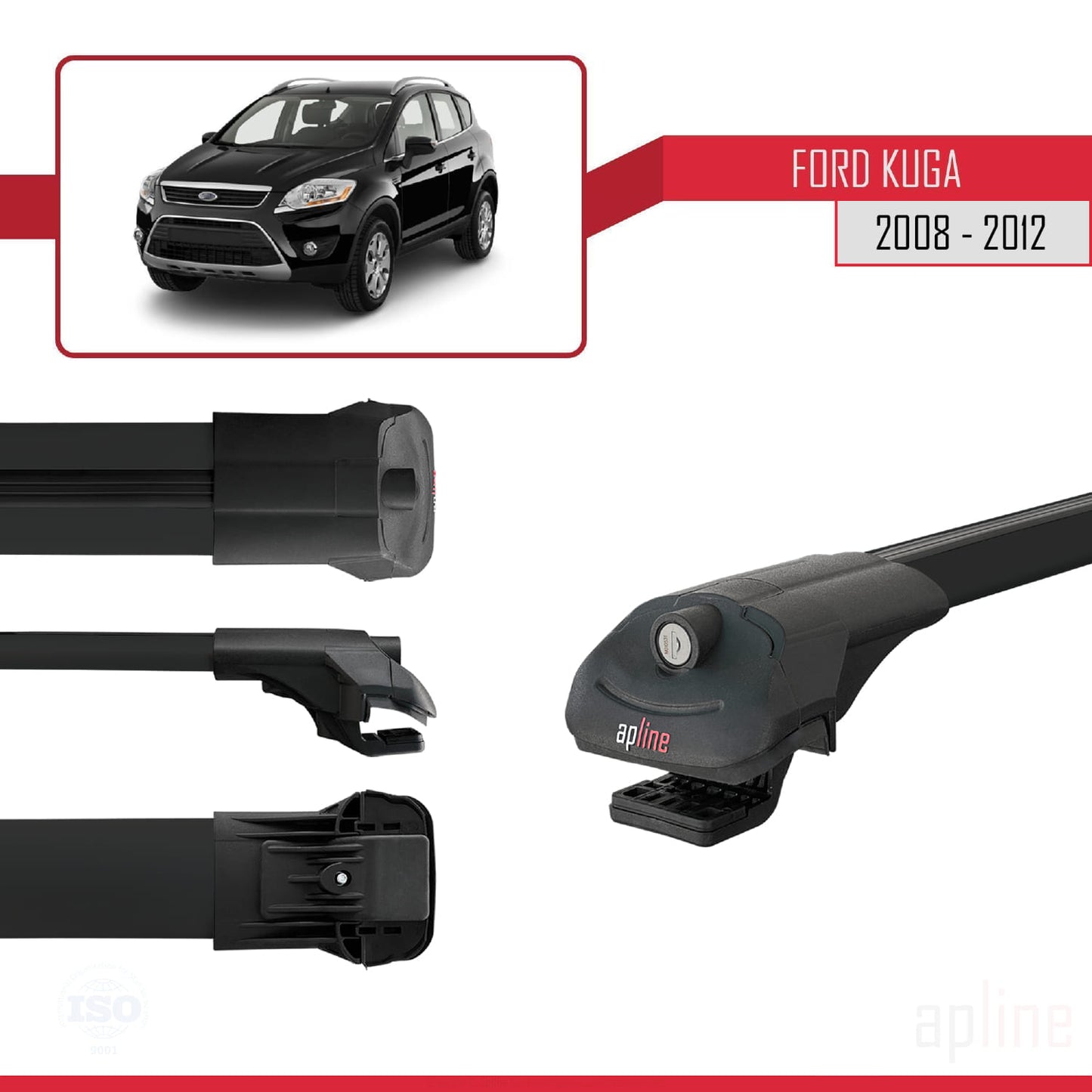 Compatible with Ford Kuga (C394) 2008-2012 ACE-1 Car Roof Rack Cross Bar Black Aluminium 3 Bars
