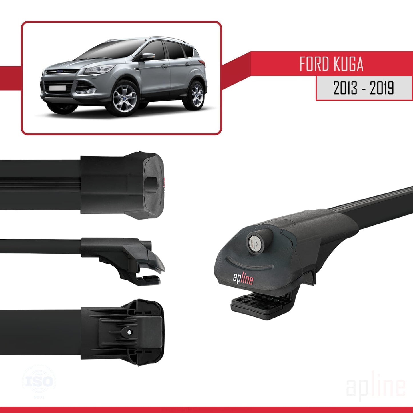Compatible with Ford Kuga 2 (C520) 2013-2019 ACE-1 Car Roof Rack Cross Bar Black Aluminium 3 Bars