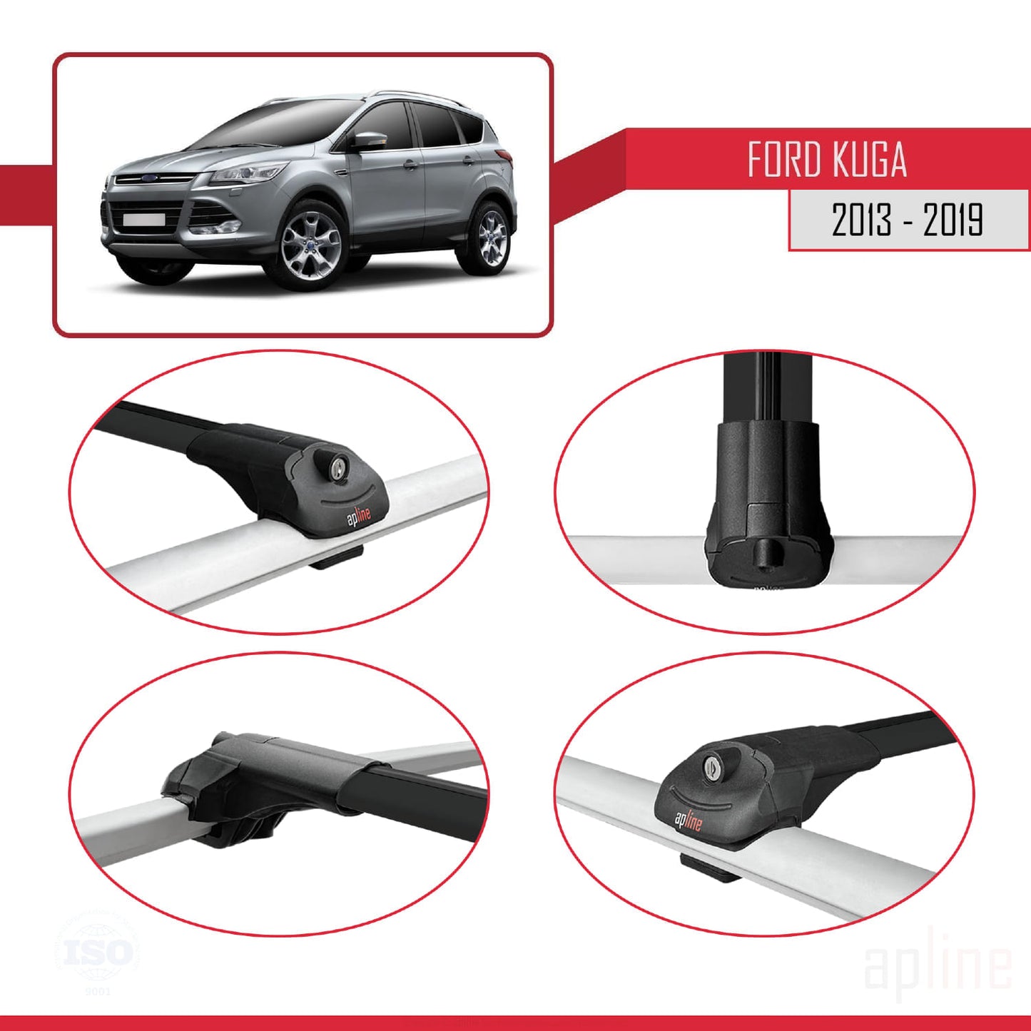 Compatible with Ford Kuga 2 (C520) 2013-2019 ACE-1 Car Roof Rack Cross Bar Black Aluminium 3 Bars