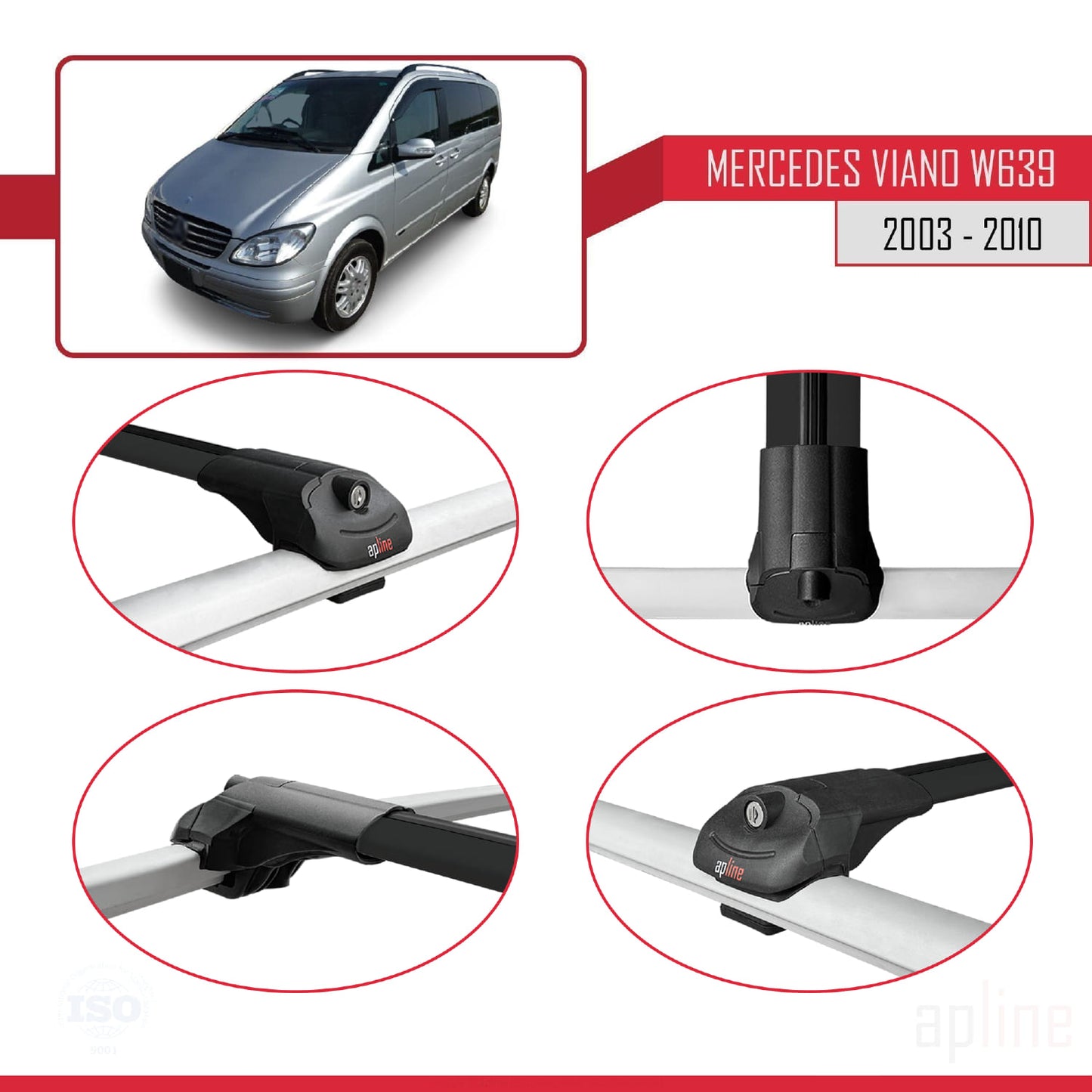 Compatible with Mercedes Viano 2 (W639) Pre-Facelift 2003-2010 ACE-1 Car Roof Rack Cross Bar Black Aluminium 2 Bars