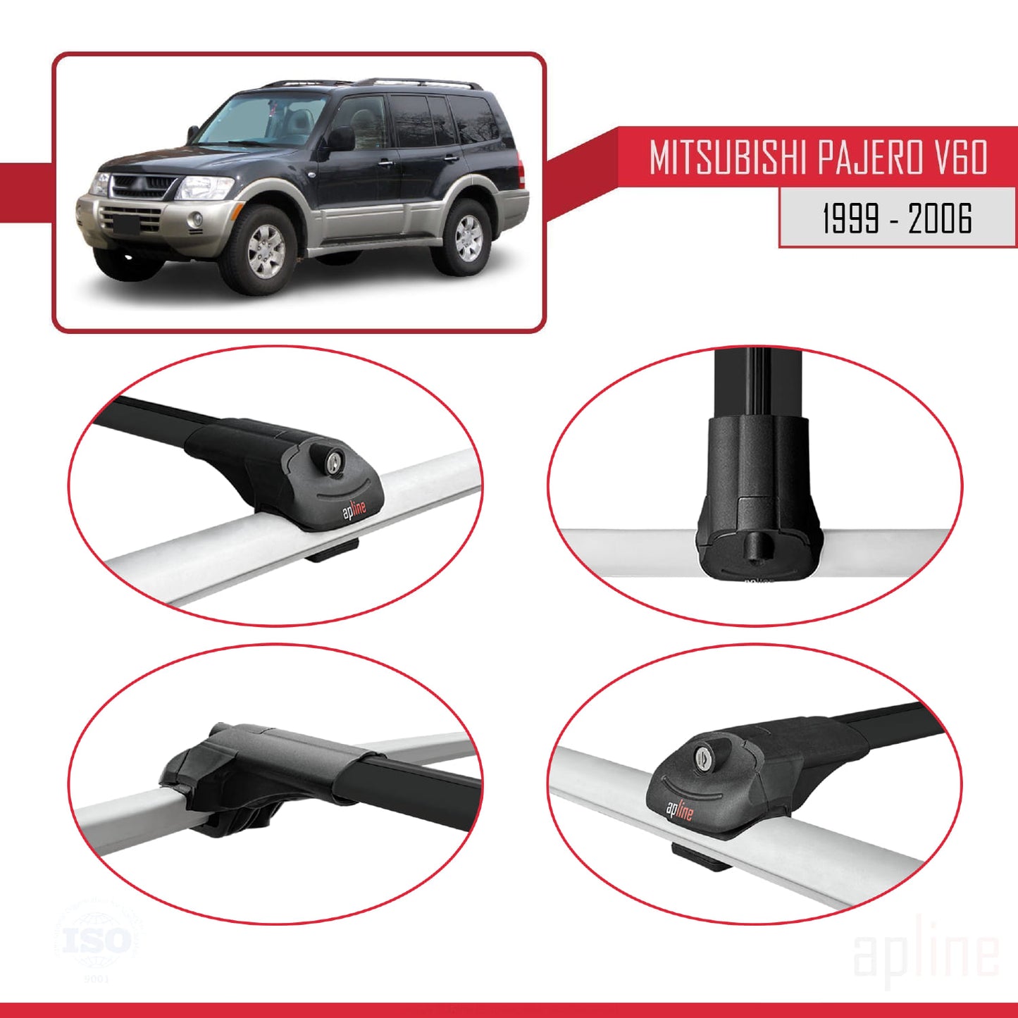 Compatible with Mitsubishi Pajero (V60) 5 Kapı 1999-2006 ACE-1 Car Roof Rack Cross Bar Black Aluminium 3 Bars