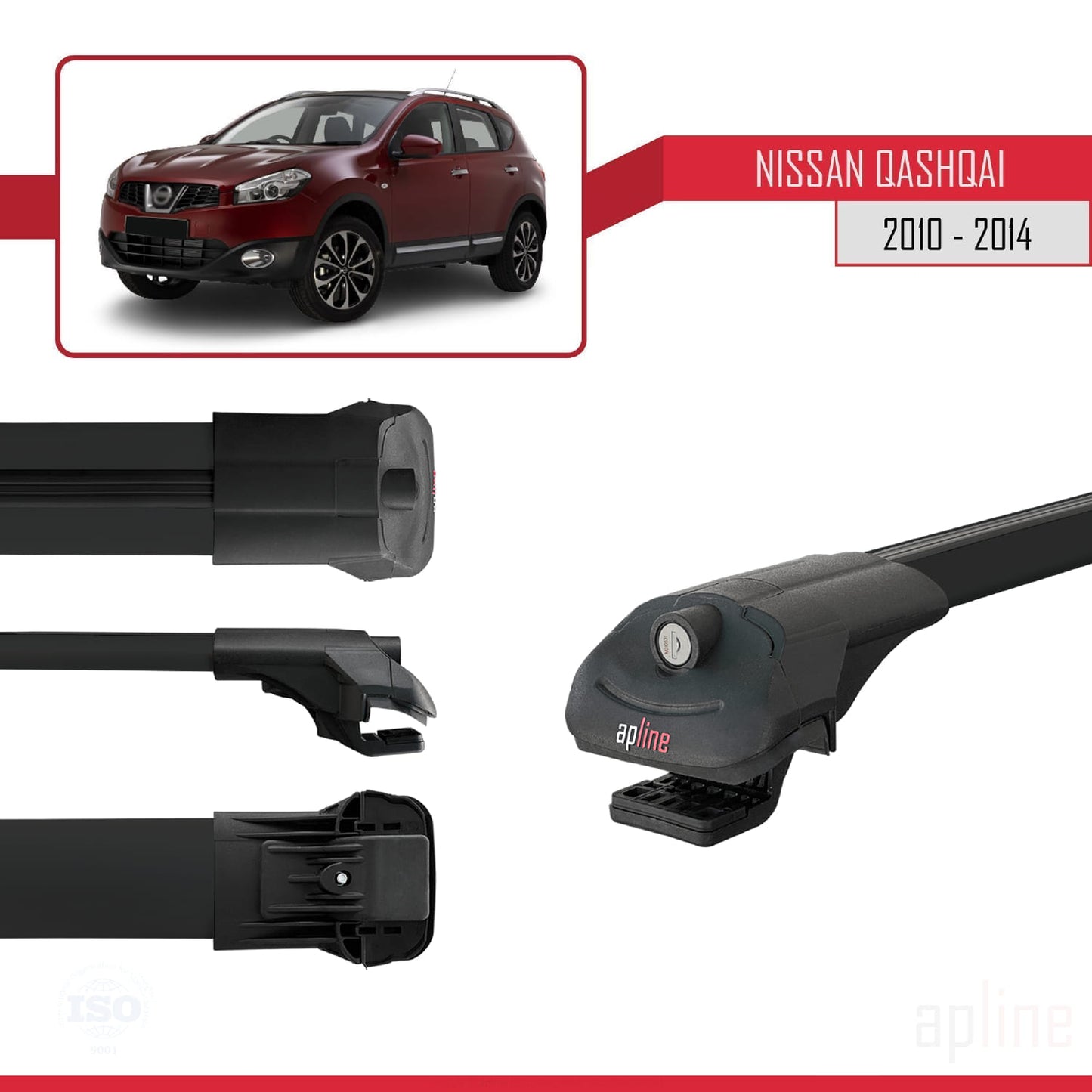 Compatible with Nissan Qashqai (J10) Post-Facelift 2010-2013 ACE-1 Car Roof Rack Cross Bar Black Aluminium 2 Bars