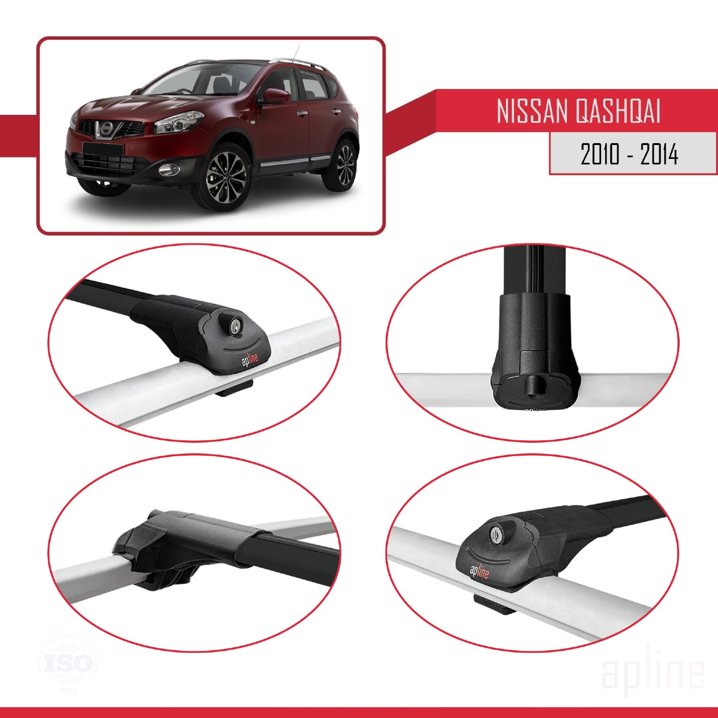 Compatible with Nissan Qashqai (J10) Post-Facelift 2010-2013 ACE-1 Car Roof Rack Cross Bar Black Aluminium 2 Bars
