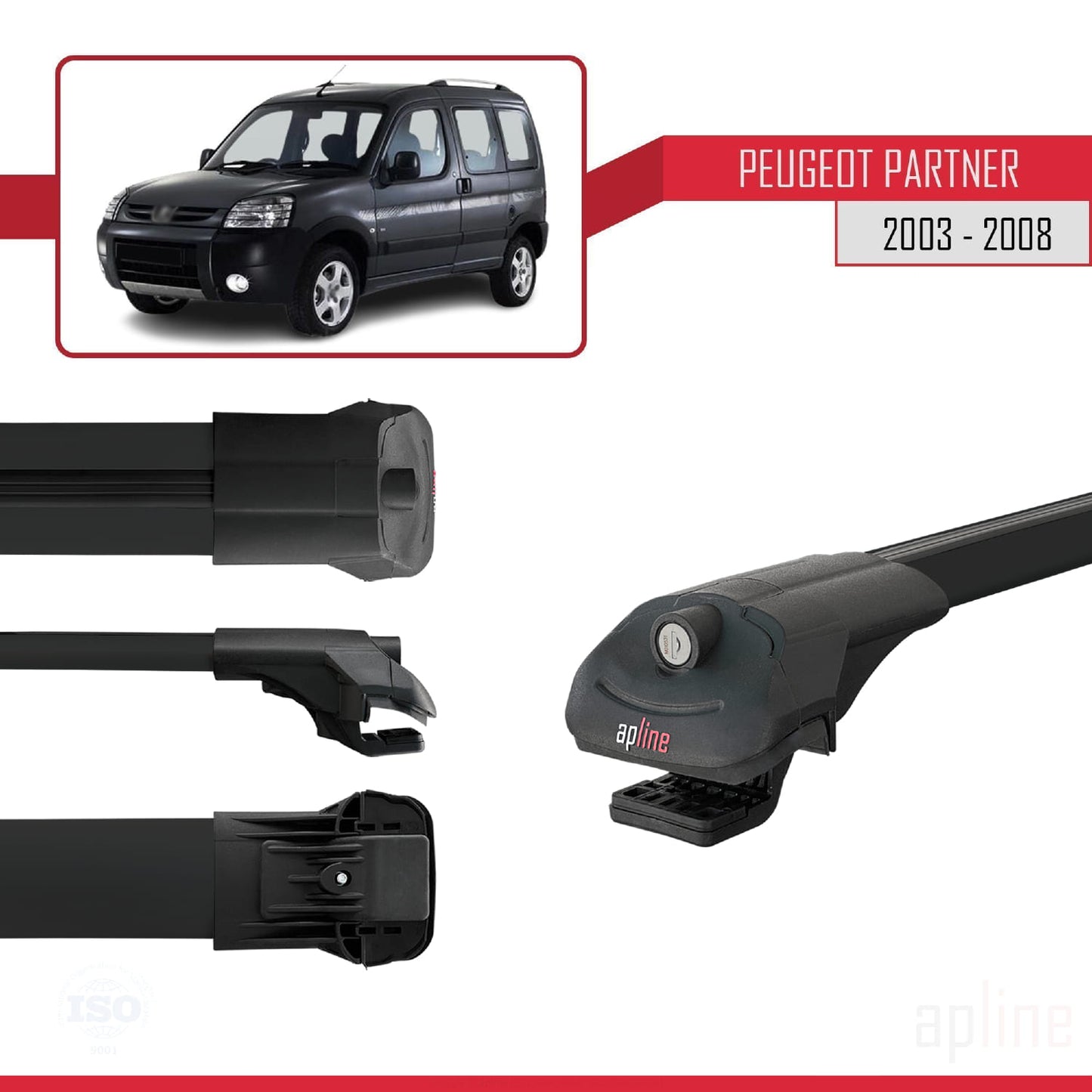 Compatible with Peugeot Partner Post-Facelift 2003-2008 ACE-1 Car Roof Rack Cross Bar Black Aluminium 3 Bars