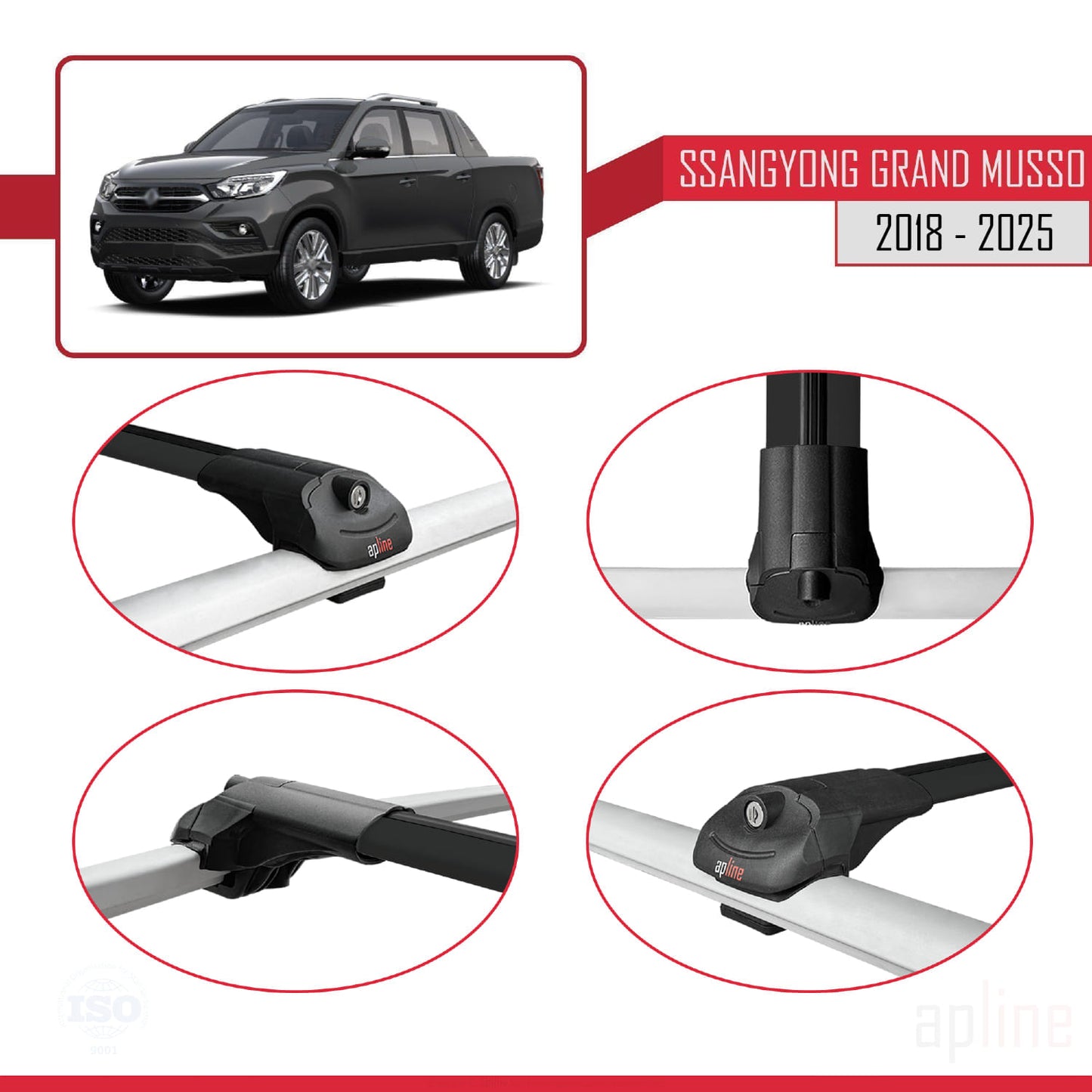 Compatible with Ssangyong Grand Musso 2018-2025 ACE-1 Car Roof Rack Cross Bar Black Aluminium 3 Bars