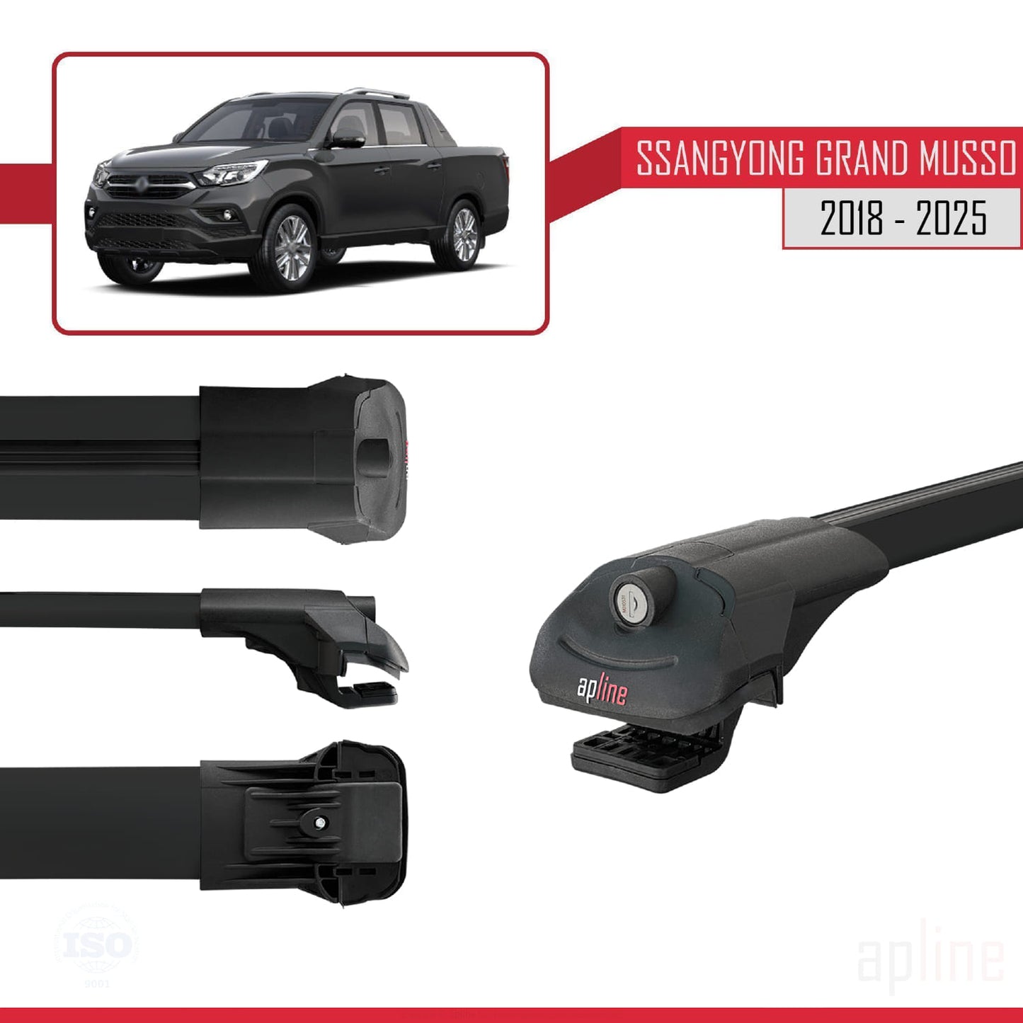 Compatible with Ssangyong Grand Musso 2018-2025 ACE-1 Car Roof Rack Cross Bar Black Aluminium 2 Bars