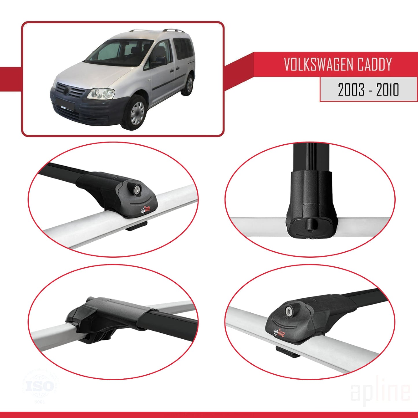 Compatible with Volkswagen Caddy 3 (2K) 2003-2010 ACE-1 Car Roof Rack Cross Bar Black Aluminium 4 Bars