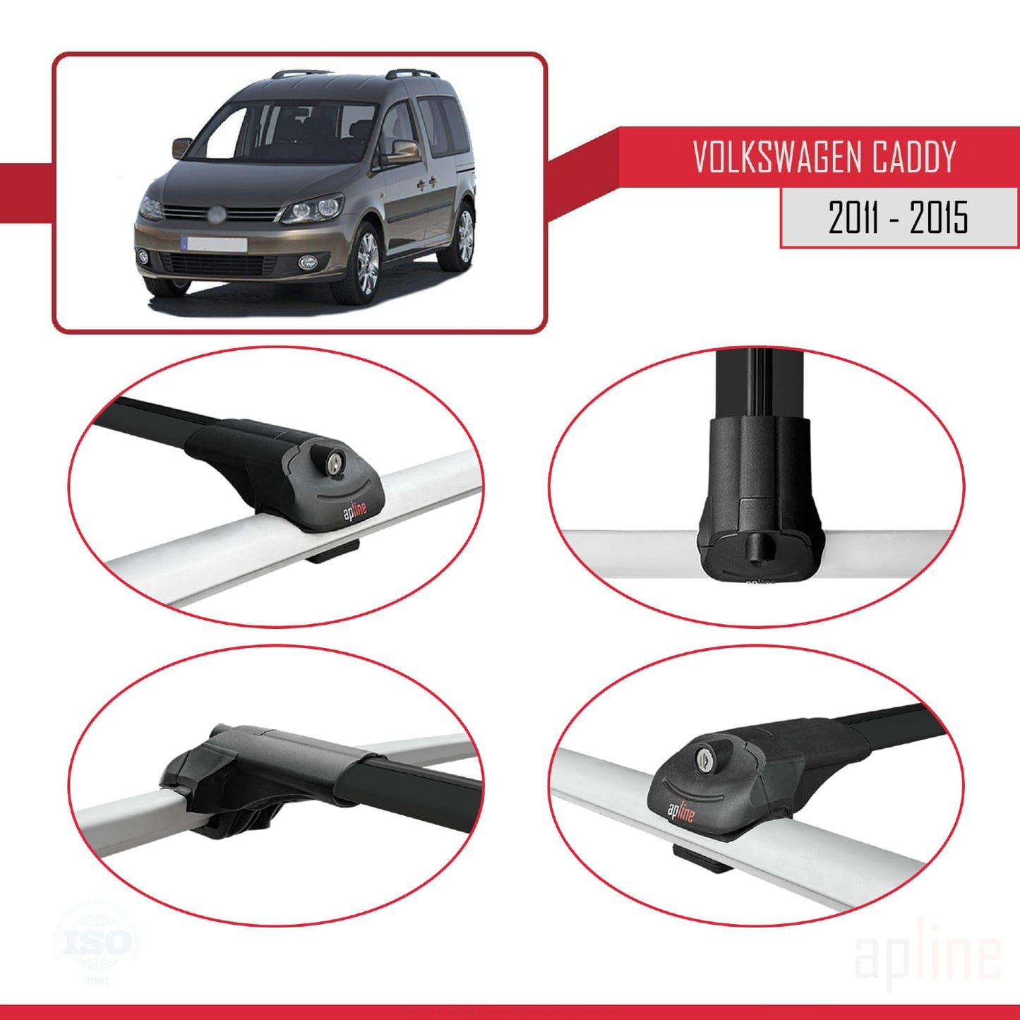 Compatible with Volkswagen Caddy 3 (2K) 2011-2015 ACE-1 Car Roof Rack Cross Bar Black Aluminium 4 Bars
