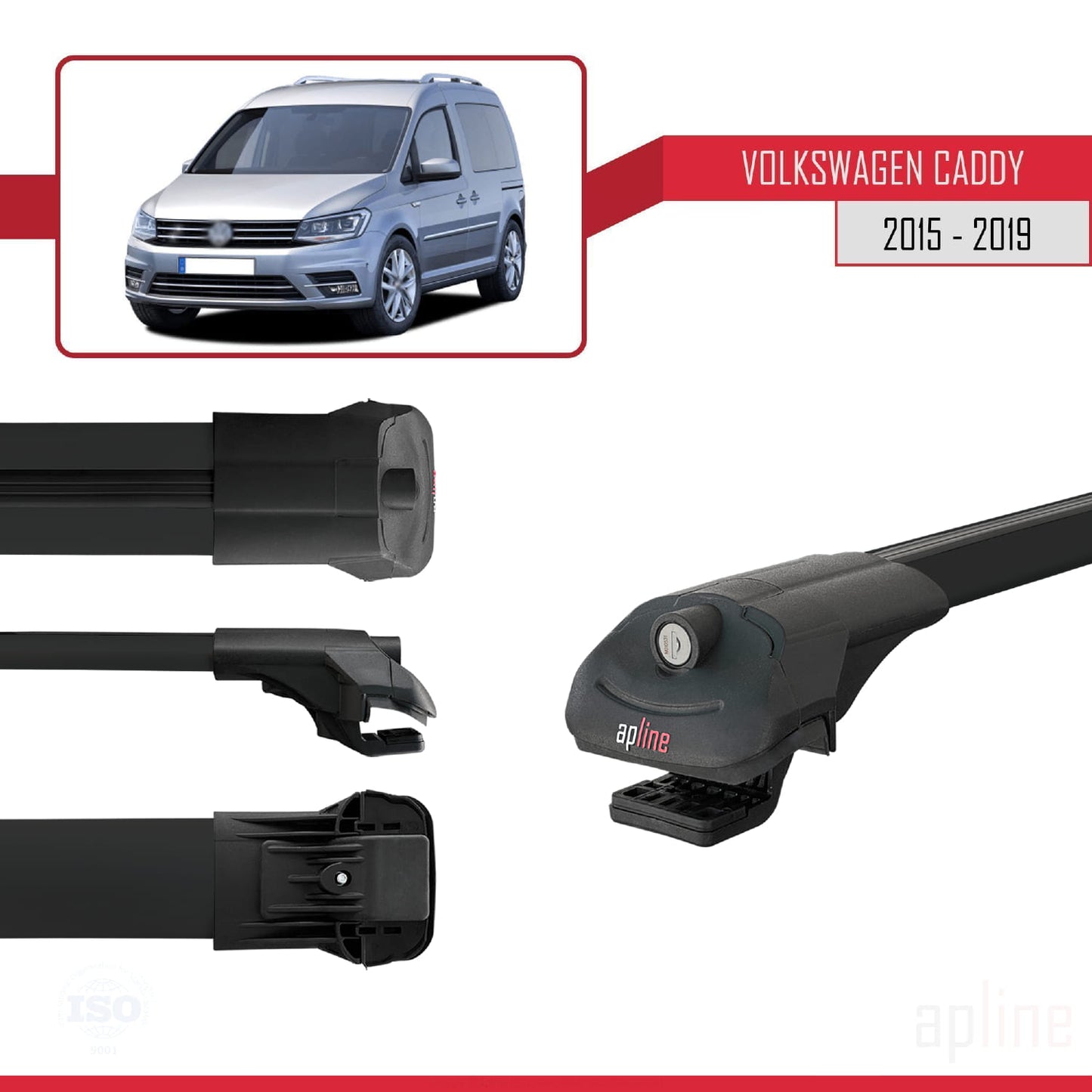 Compatible with Volkswagen Caddy 3 (SA) 2015-2019 ACE-1 Car Roof Rack Cross Bar Black Aluminium 2 Bars