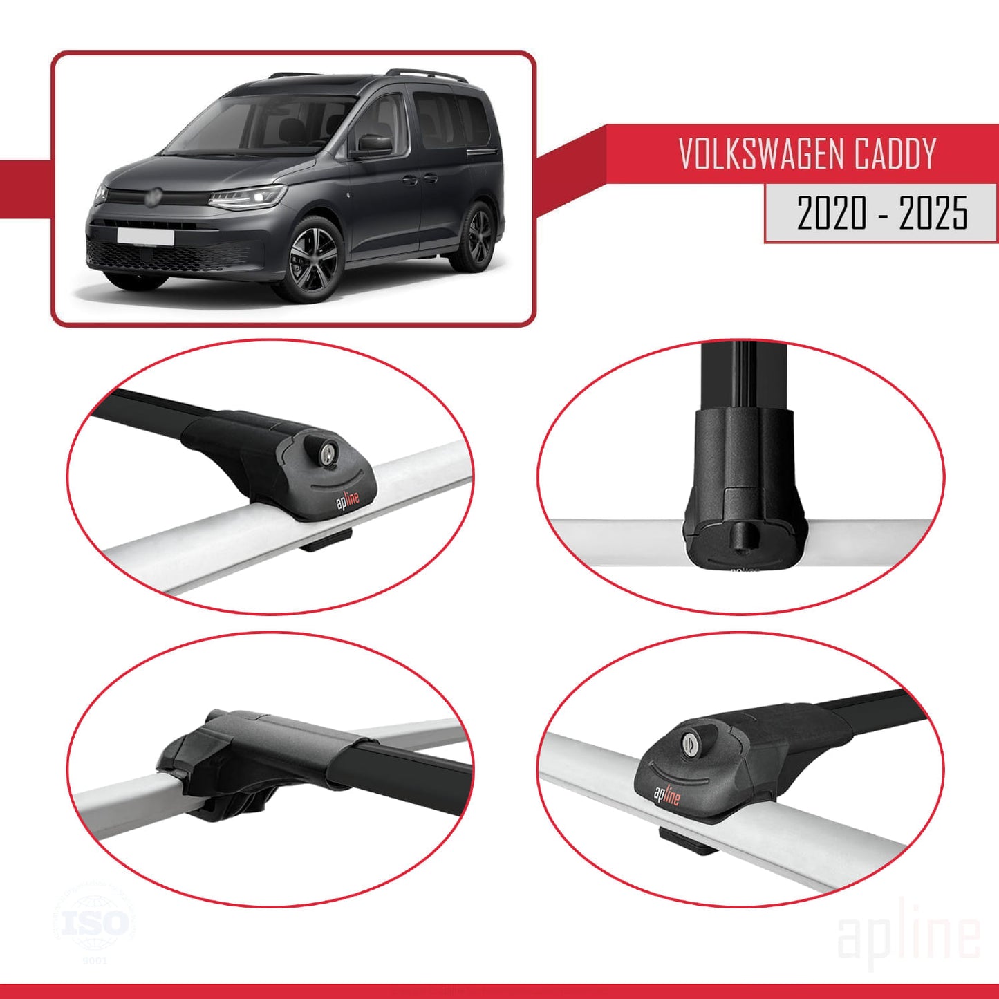 Compatible with Volkswagen Caddy 4 (SB) 2020-2025 ACE-1 Car Roof Rack Cross Bar Black Aluminium 2 Bars