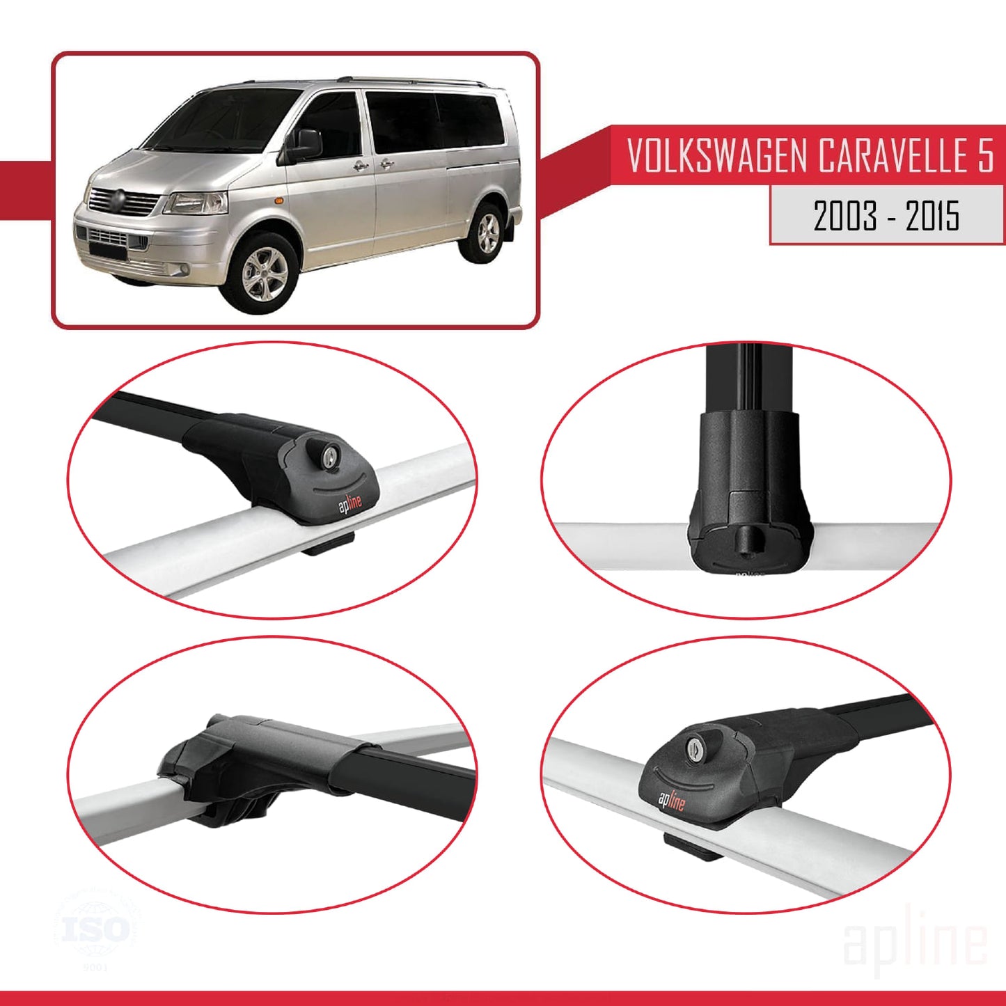 Compatible with Volkswagen T5 Caravelle 2003-2015 ACE-1 Car Roof Rack Cross Bar Black Aluminium 3 Bars