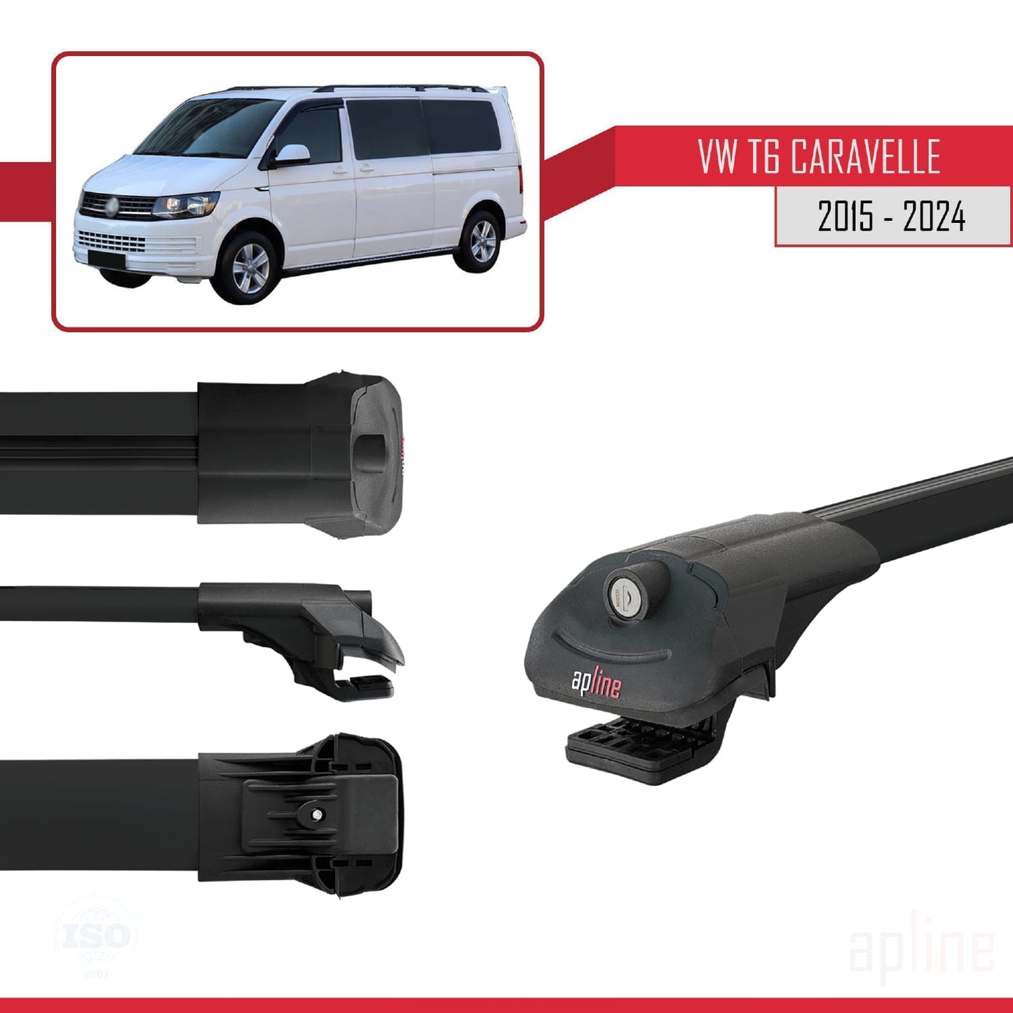 Compatible with Volkswagen T6 Caravelle 2015-2024 ACE-1 Car Roof Rack Cross Bar Black Aluminium 3 Bars