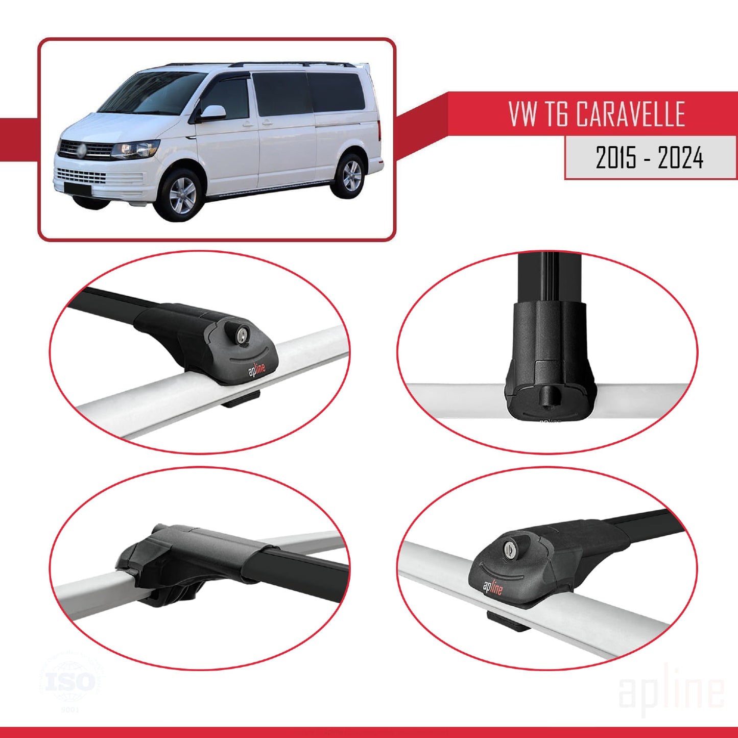 Compatible with Volkswagen T6 Caravelle 2015-2024 ACE-1 Car Roof Rack Cross Bar Black Aluminium 3 Bars