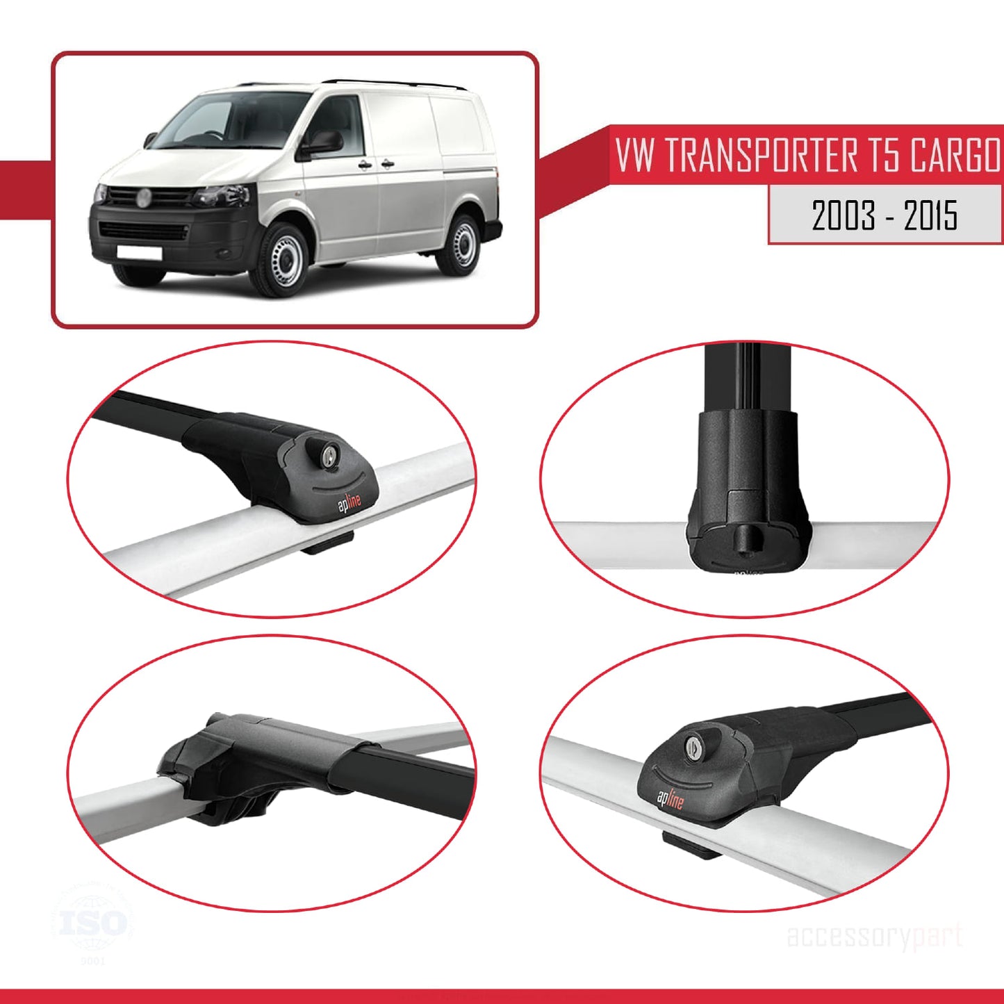 Compatible with Volkswagen Transporter (T5) 2003-2015 ACE-1 Model Car Roof Rack Cross Bar Black Aluminium 3 Bars