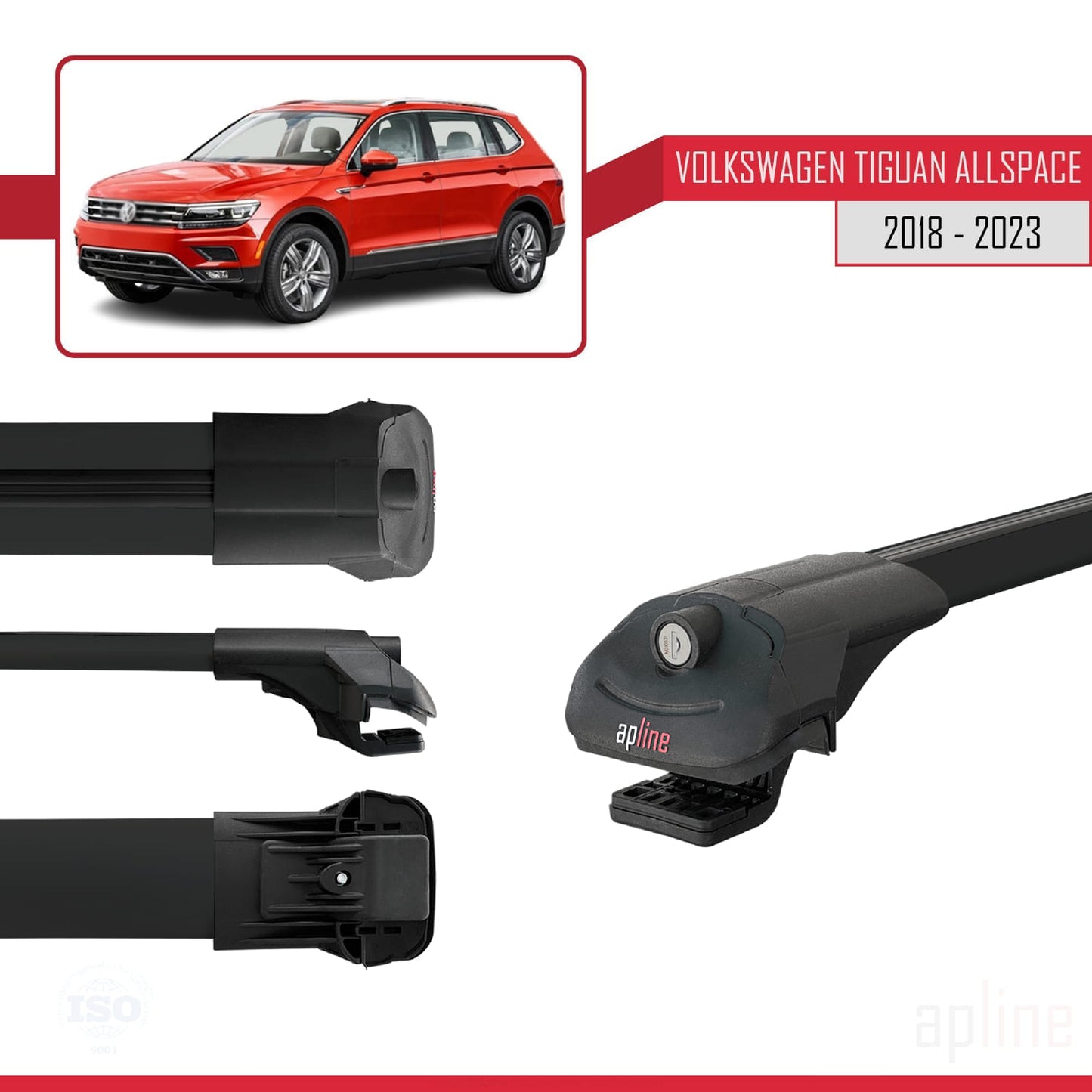 Compatible with Volkswagen Tiguan Allspace (BW) 2018-2023 ACE-1 Car Roof Rack Cross Bar Black Aluminium 2 Bars