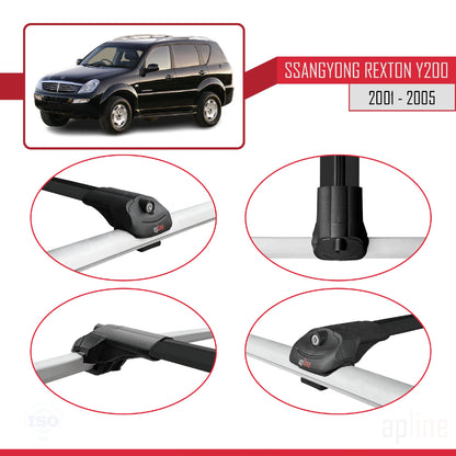 Compatible with Ssangyong Rexton (Y200) 2001-2005 ACE-1 Car Roof Rack Cross Bar Black Aluminium 2 Bars