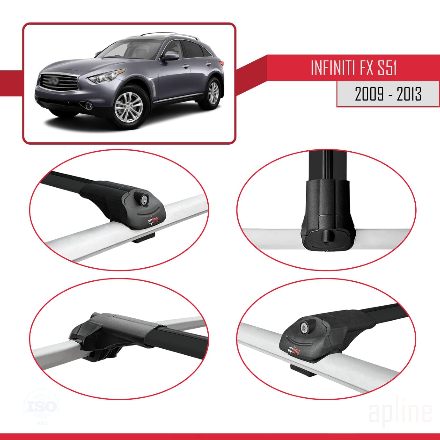 Compatible with Infiniti FX 2 (S51) 2009-2013 ACE-1 Car Roof Rack Cross Bar Black Aluminium 3 Bars