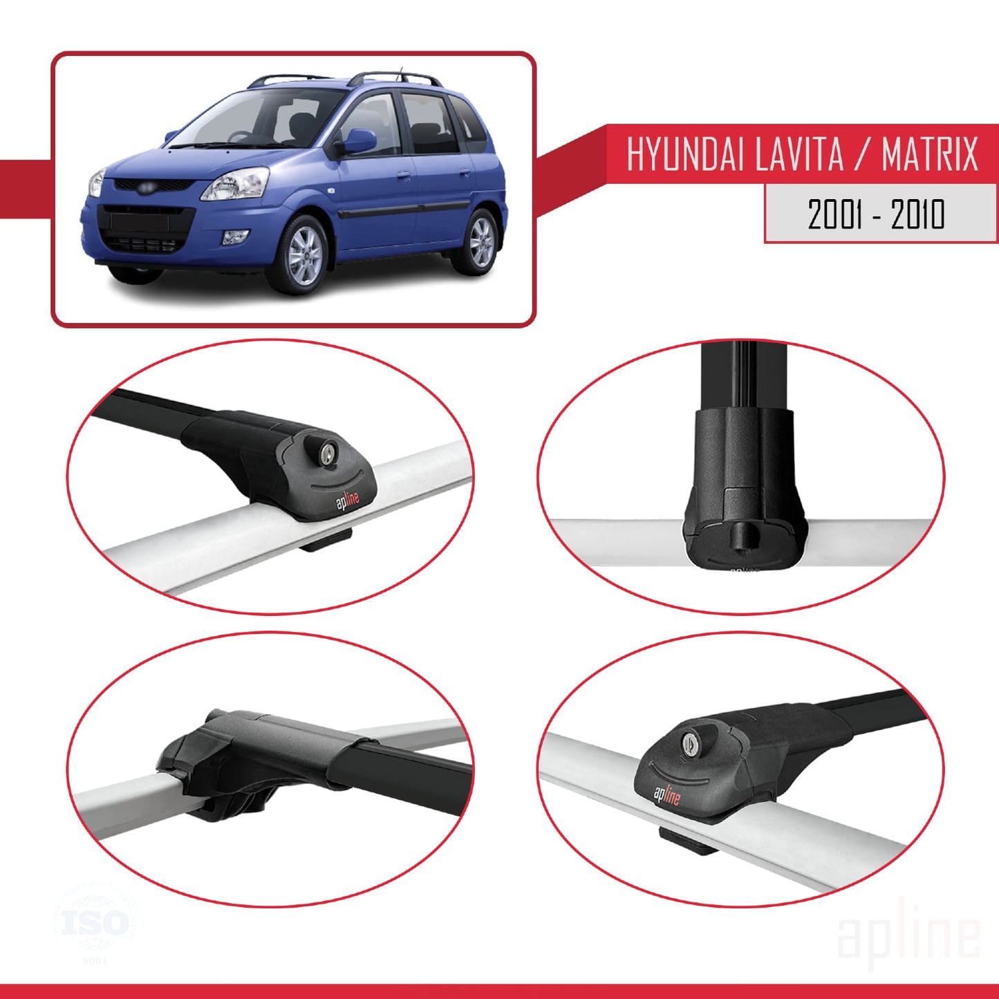 Compatible with Hyundai Matrix (FC) 2001-2010 ACE-1 Car Roof Rack Cross Bar Black Aluminium 3 Bars