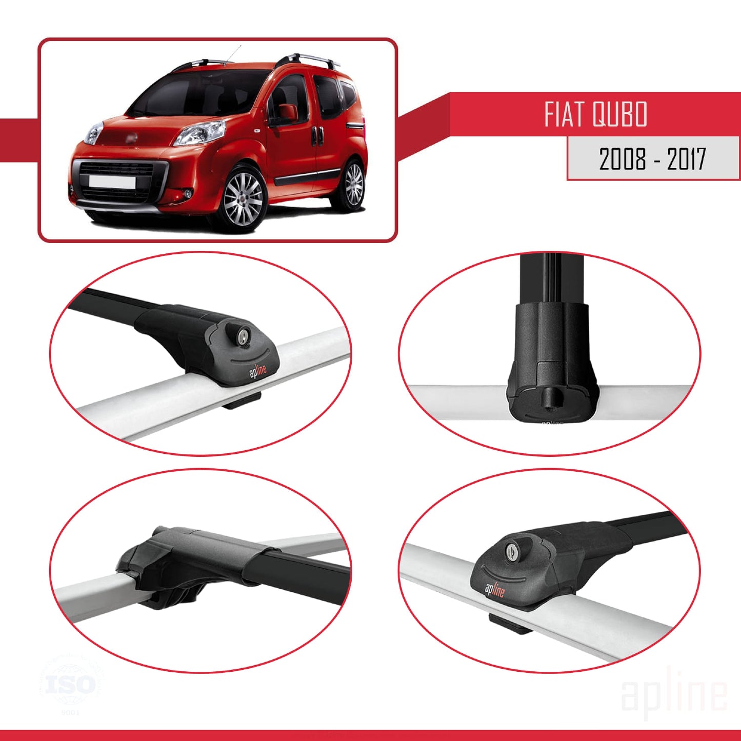 Compatible with Fiat Qubo 2008-2017 ACE-1 Car Roof Rack Cross Bar Black Aluminium 4 Bars