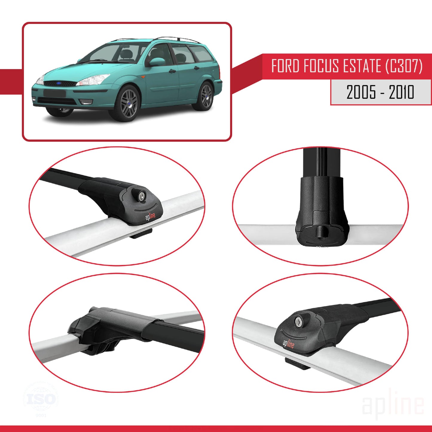 Compatible with Ford Focus 2 (C307) SW 2005-2010 ACE-1 Car Roof Rack Cross Bar Black Aluminium 2 Bars
