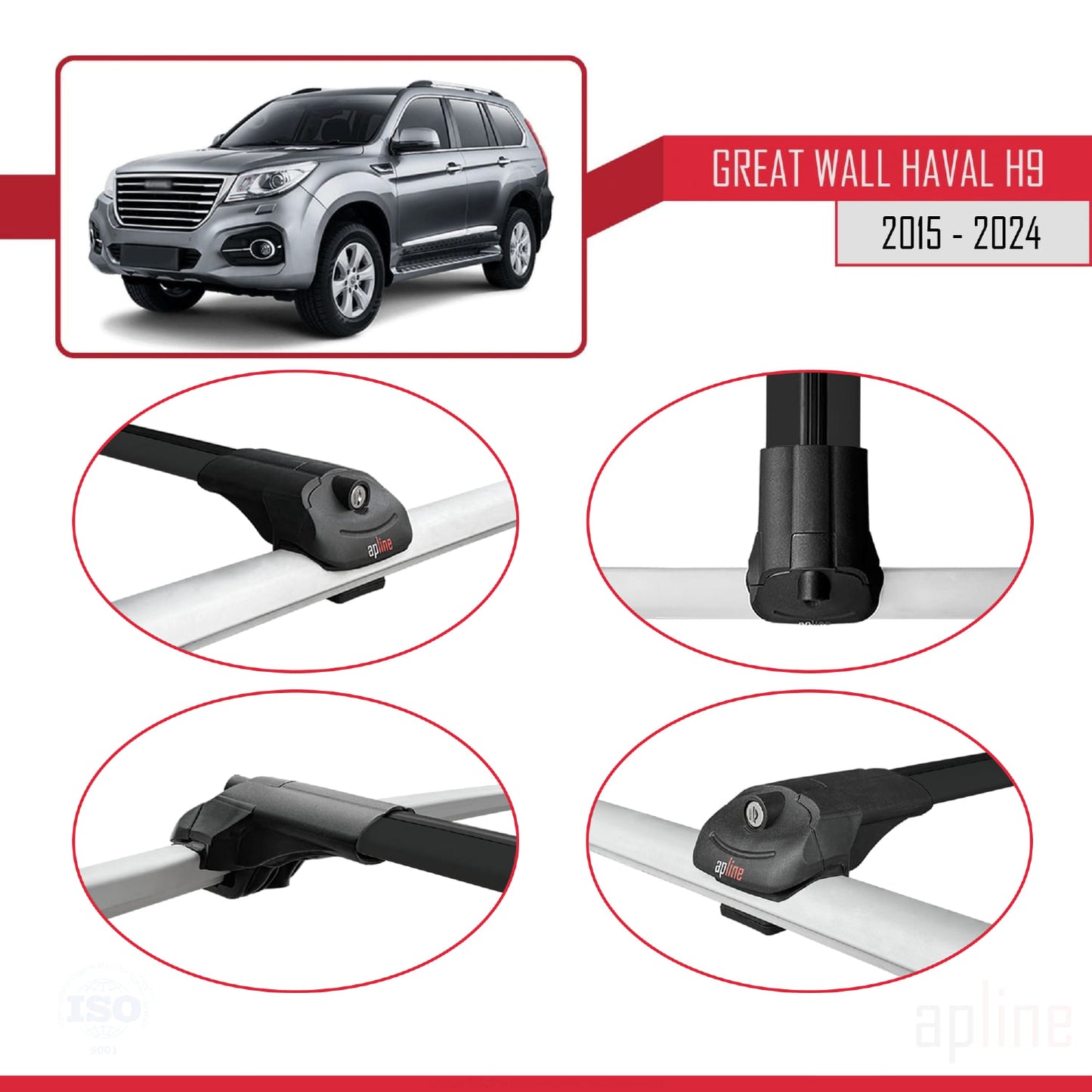 Compatible with Great Wall Haval H9 2015-2023 ACE-1 Car Roof Rack Cross Bar Black Aluminium 2 Bars