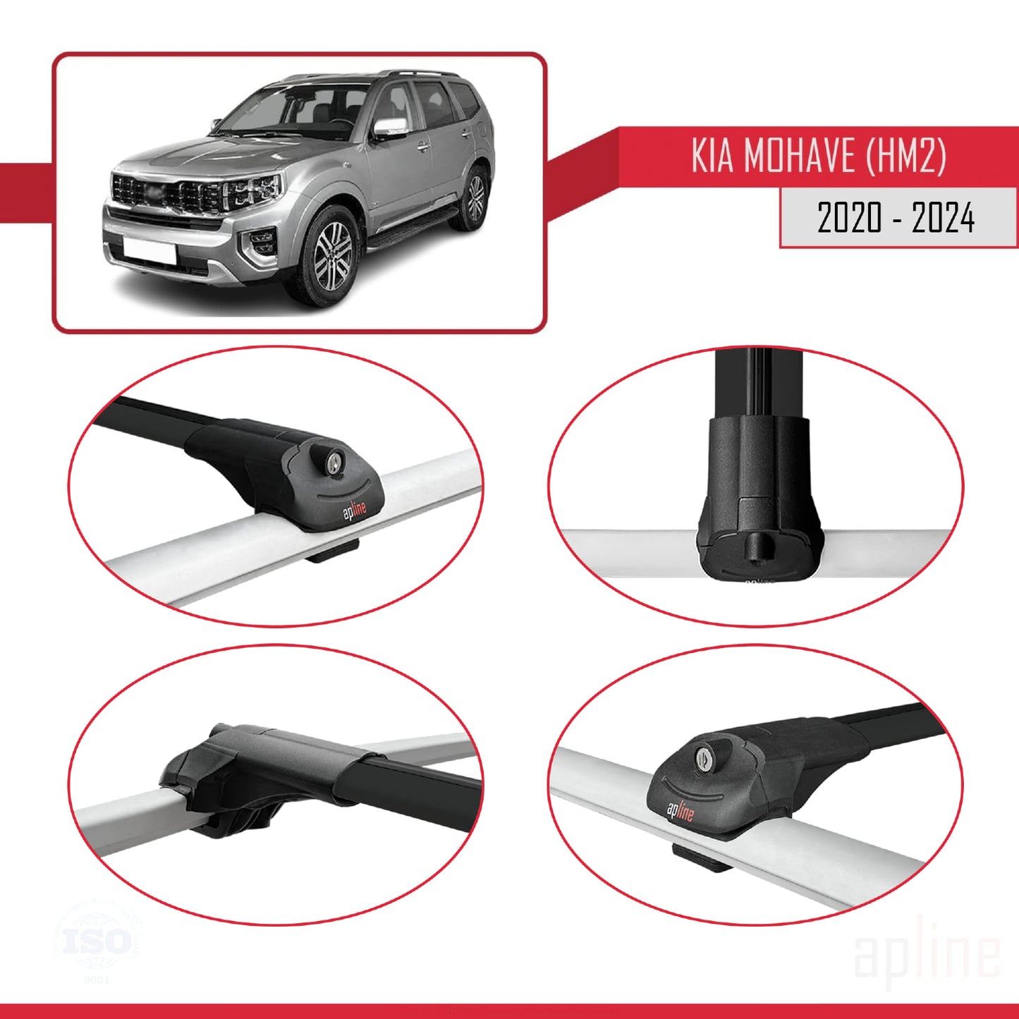 Compatible with Kia Mohave 2 (HM2) 2020-2024 ACE-1 Car Roof Rack Cross Bar Black Aluminium 3 Bars