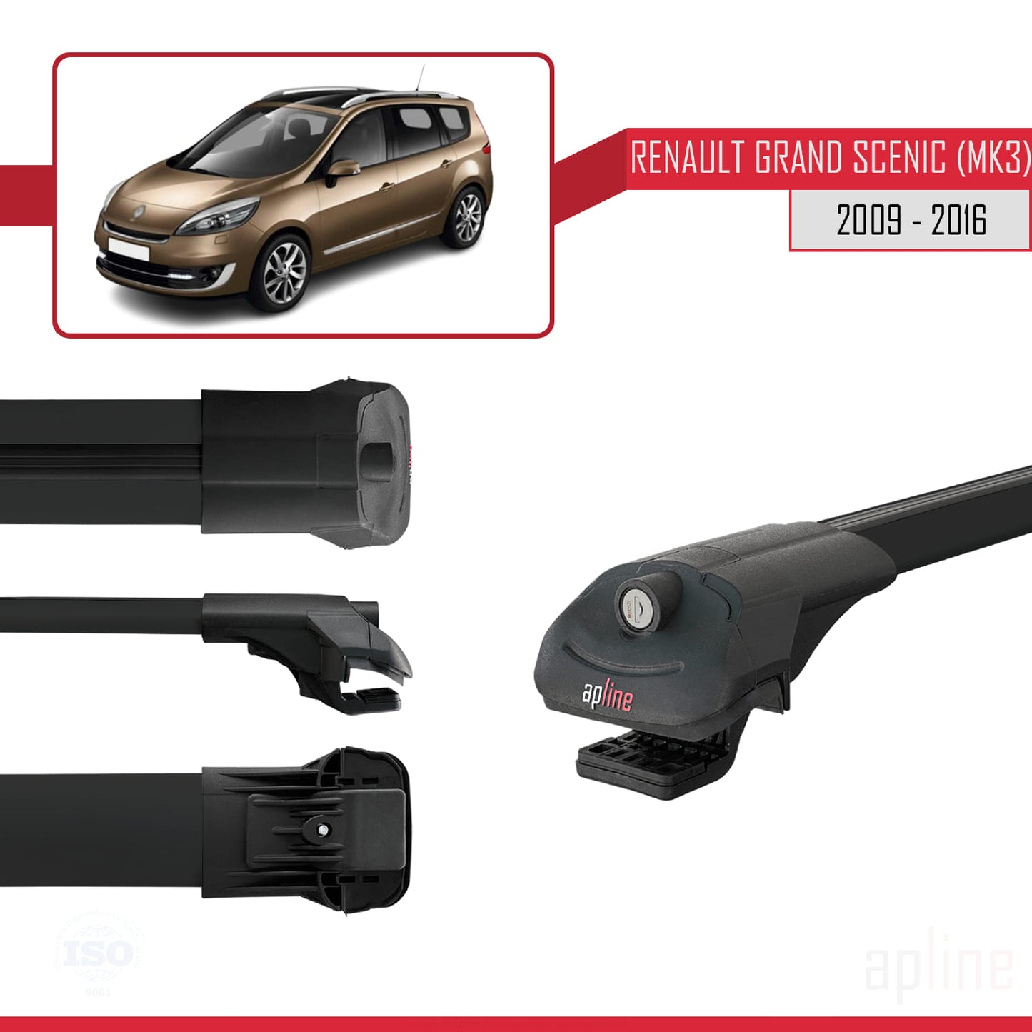 Compatible with Renault Grand Scenic 3 2009-2016 ACE-1 Car Roof Rack Cross Bar Black Aluminium 3 Bars