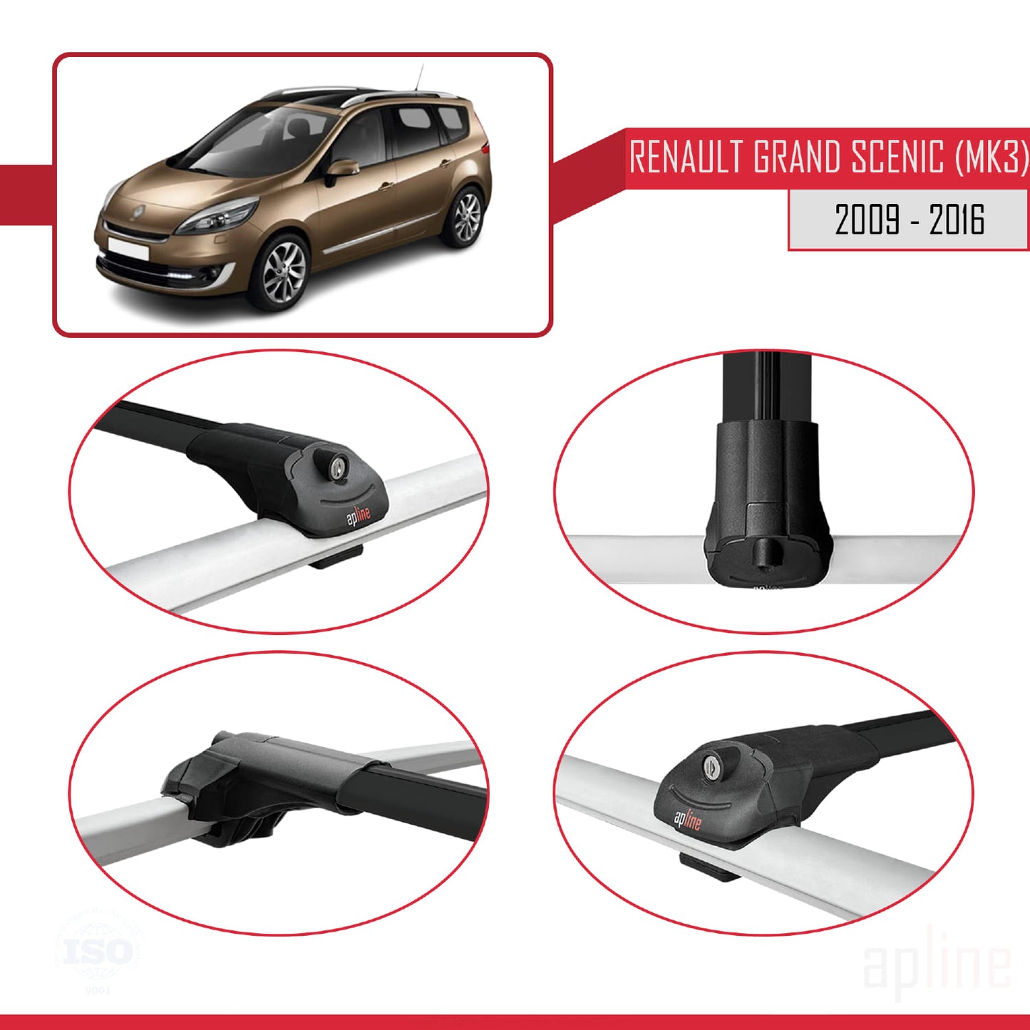 Compatible with Renault Grand Scenic 3 2009-2016 ACE-1 Car Roof Rack Cross Bar Black Aluminium 3 Bars