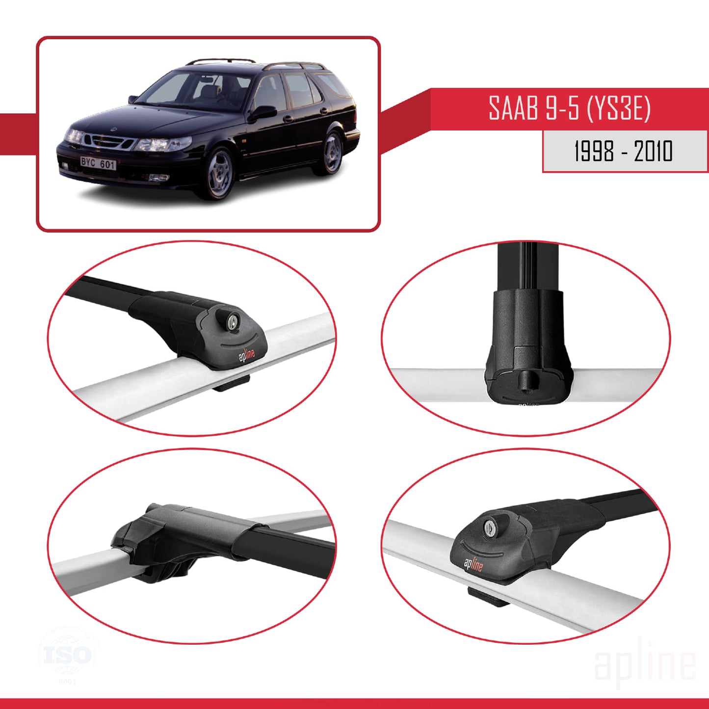 Compatible with Saab 9-5 (YS3E) SW 1998-2010 ACE-1 Car Roof Rack Cross Bar Black Aluminium 2 Bars