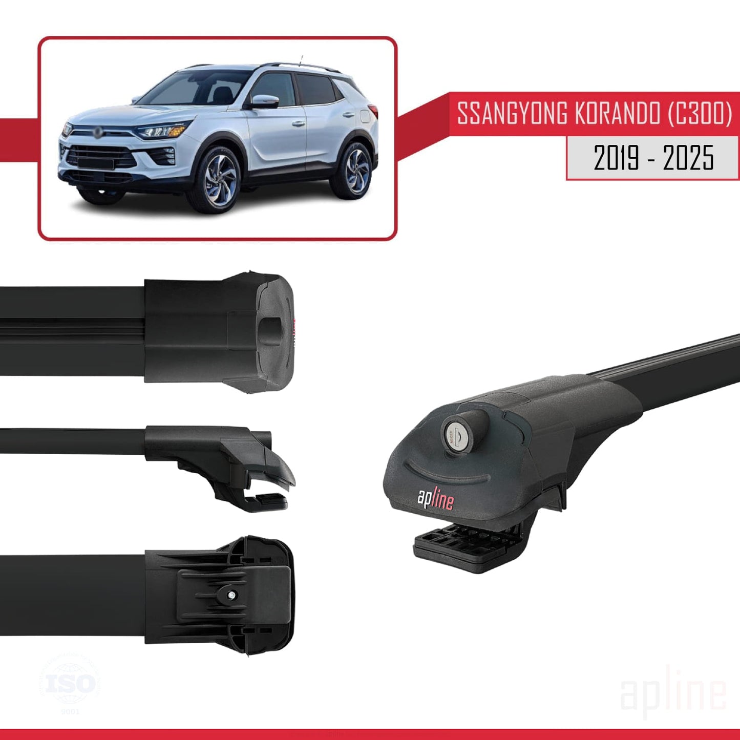 Compatible with Ssangyong Korando 4 (C300) 2019-2025 ACE-1 Car Roof Rack Cross Bar Black Aluminium 3 Bars