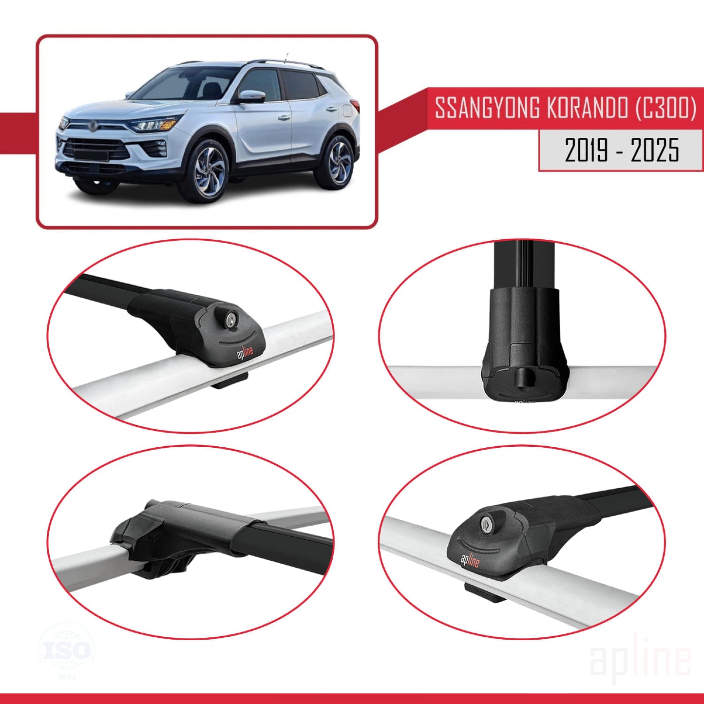 Compatible with Ssangyong Korando 4 (C300) 2019-2025 ACE-1 Car Roof Rack Cross Bar Black Aluminium 3 Bars