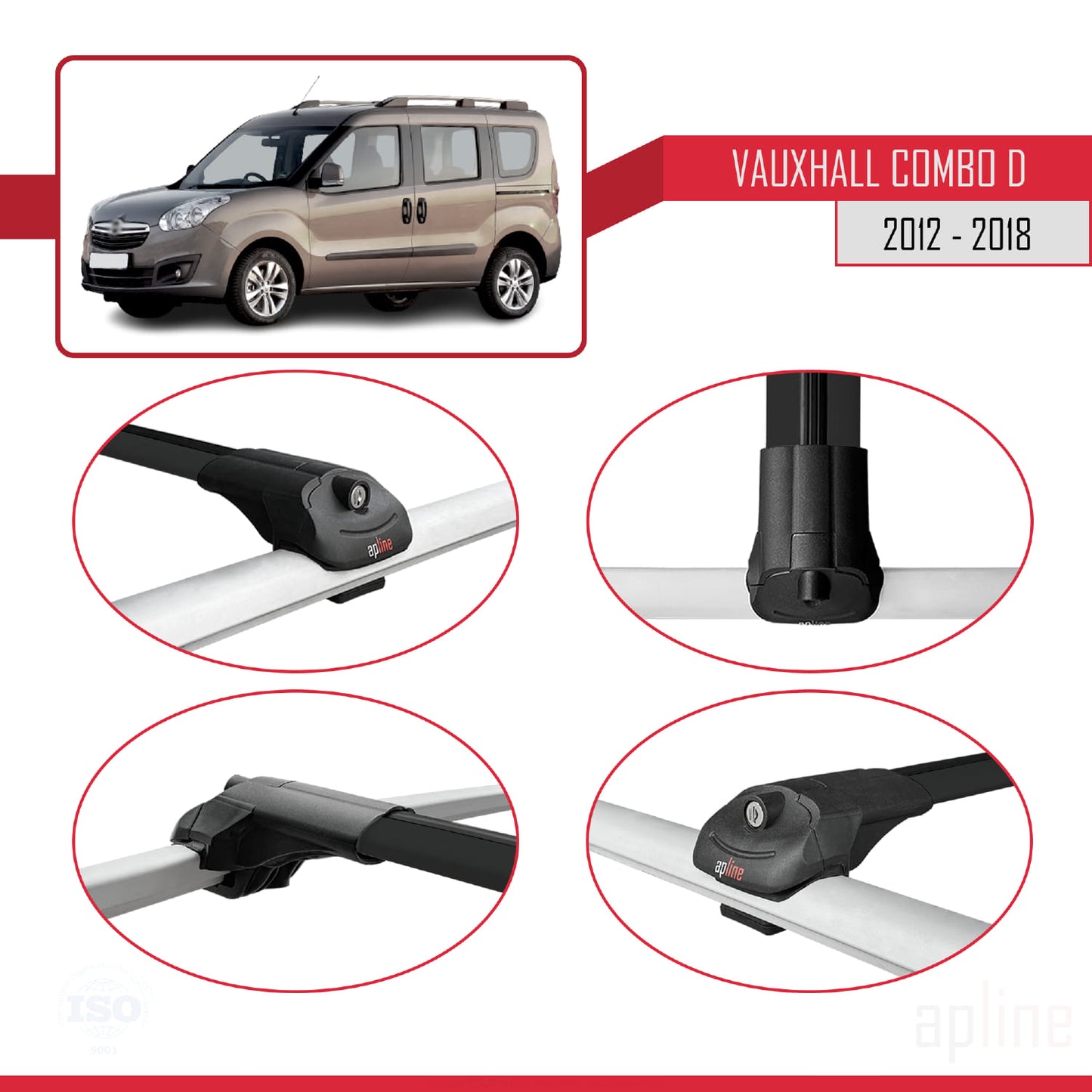 Compatible with Vauxhall Combo D 2012-2018 ACE-1 Car Roof Rack Cross Bar Black Aluminium 2 Bars