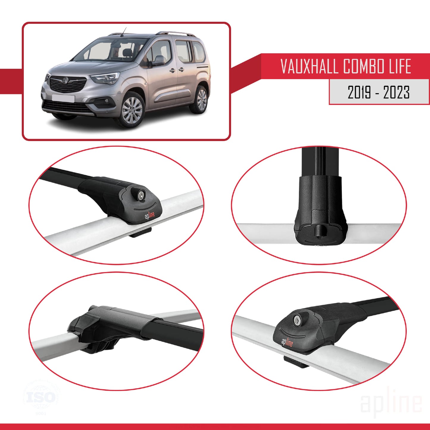Compatible with Vauxhall Combo E Life 2019-2022 ACE-1 Car Roof Rack Cross Bar Black Aluminium 2 Bars