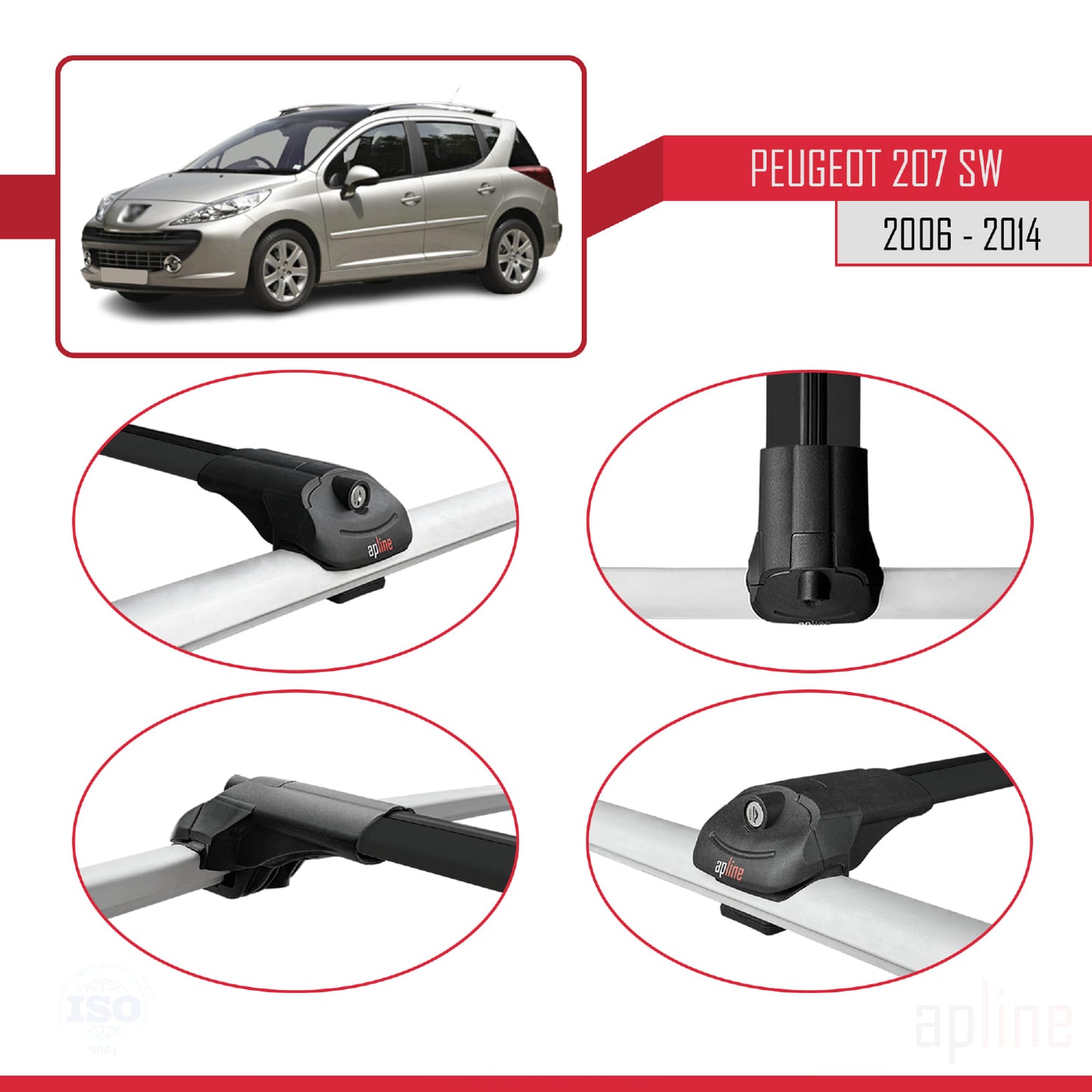 Compatible with Peugeot 207 SW 2006-2014 ACE-1 Car Roof Rack Cross Bar Black Aluminium 3 Bars