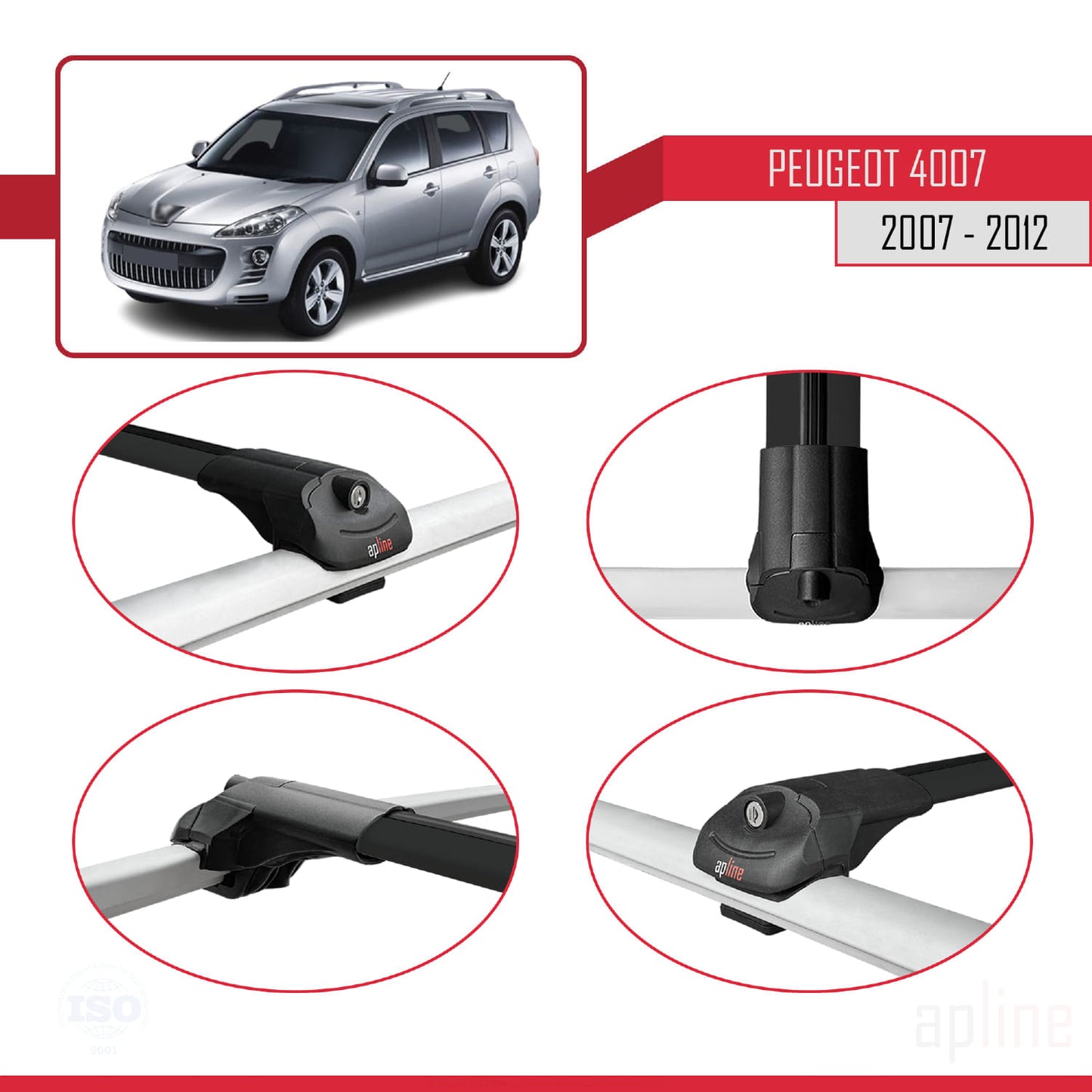 Compatible with Peugeot 4007 2007-2012 ACE-1 Car Roof Rack Cross Bar Black Aluminium 3 Bars