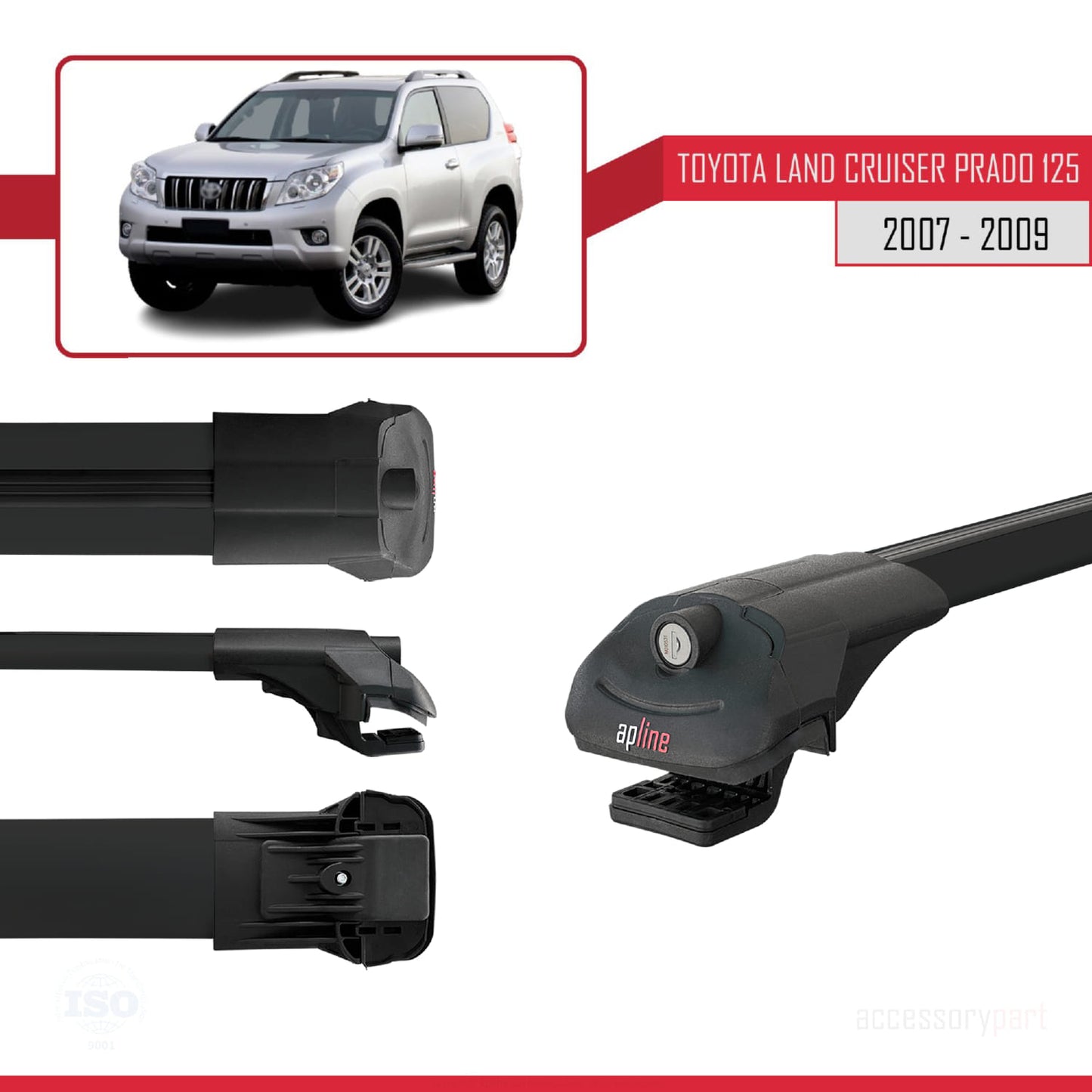 Compatible with Toyota Land Cruiser Prado (J125) 2003-2009 ACE-1 Model Roof Rack Black 3 Aluminium Bars