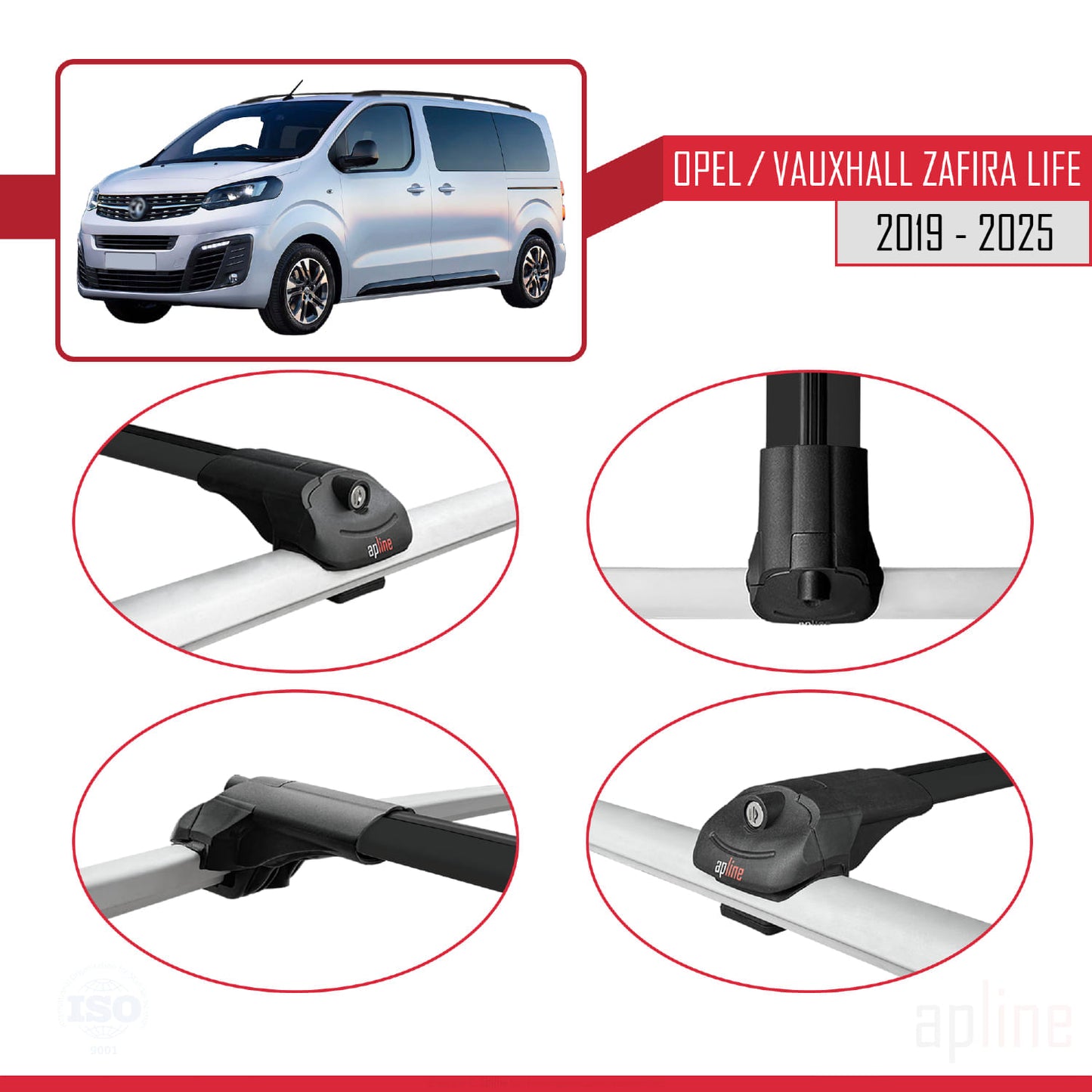 Compatible with Opel Zafira Life 2019-2025 ACE-1 Car Roof Rack Cross Bar Black Aluminium 4 Bars