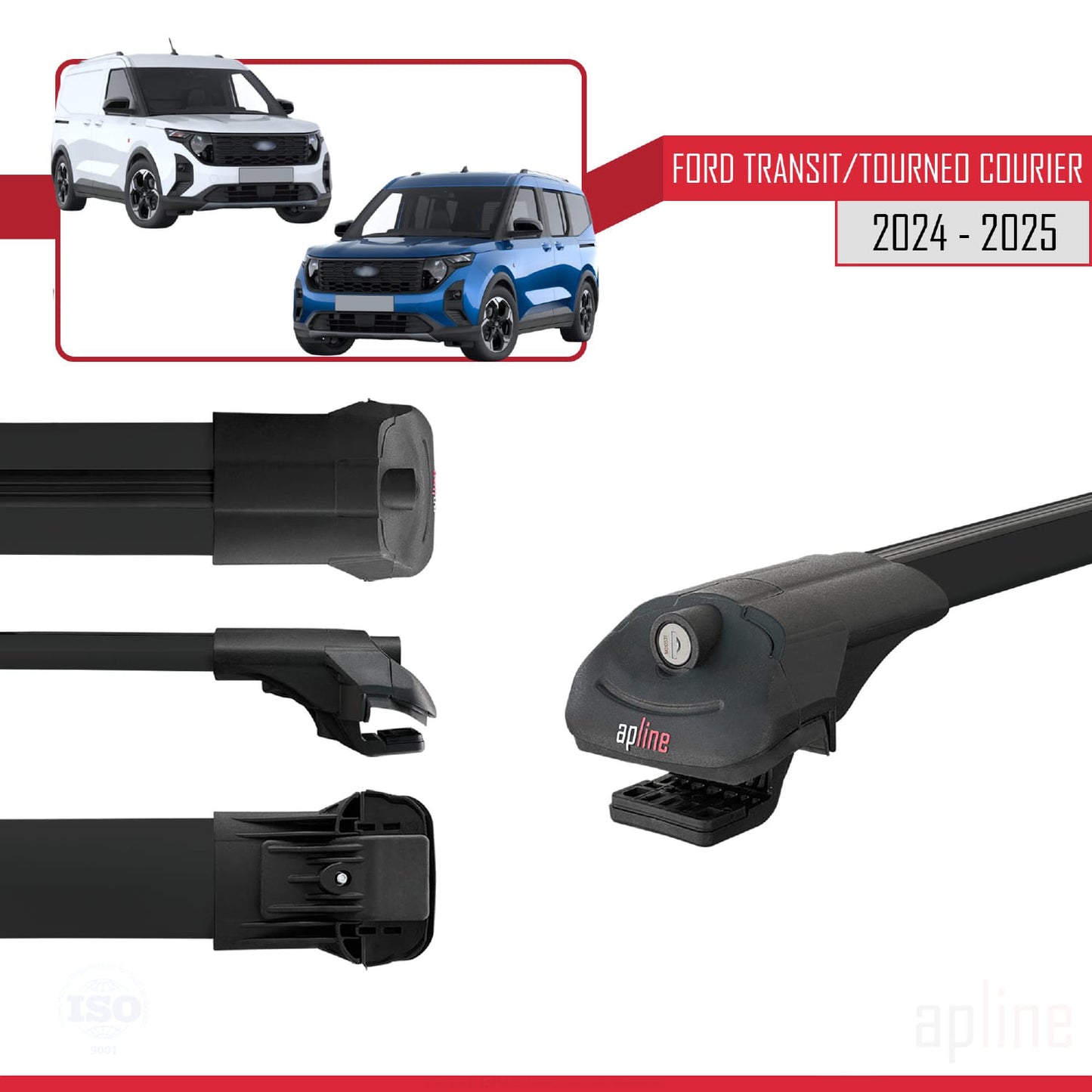 Compatible with Ford Transit / Tourneo Courier 2024-2025 ACE-1 Car Roof Rack Cross Bar Black Aluminium 3 Bars