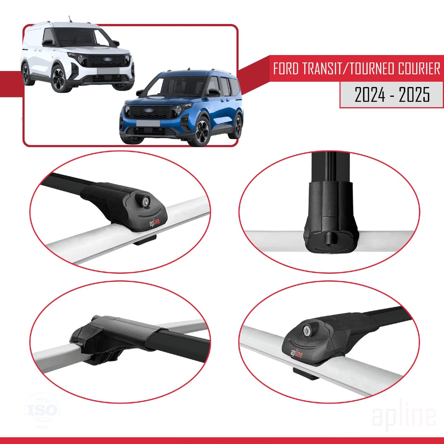 Compatible with Ford Transit / Tourneo Courier 2024-2025 ACE-1 Car Roof Rack Cross Bar Black Aluminium 4 Bars