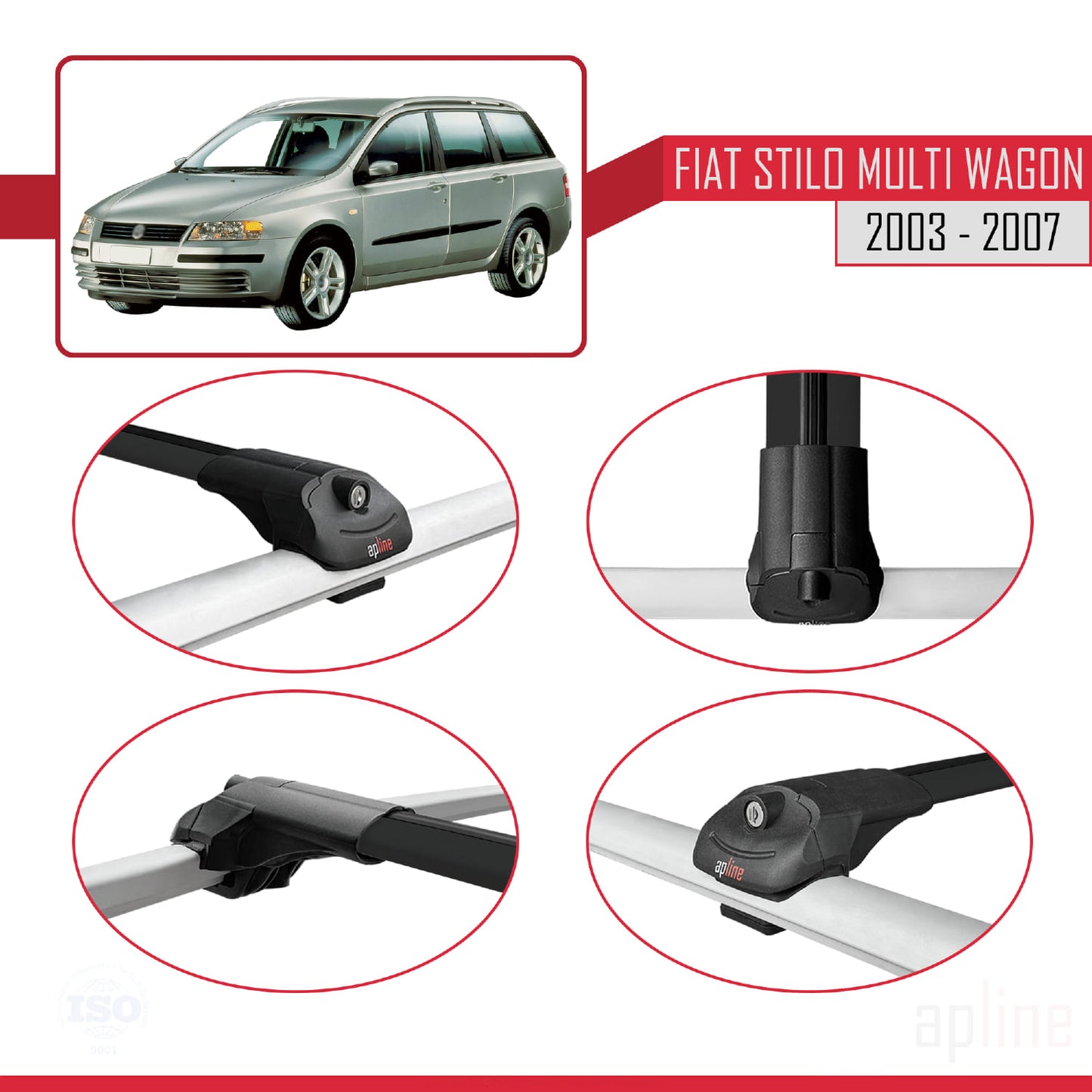 Compatible with Fiat Stilo Multi Wagon 2003-2007 ACE-1 Car Roof Rack Cross Bar Black Aluminium 2 Bars