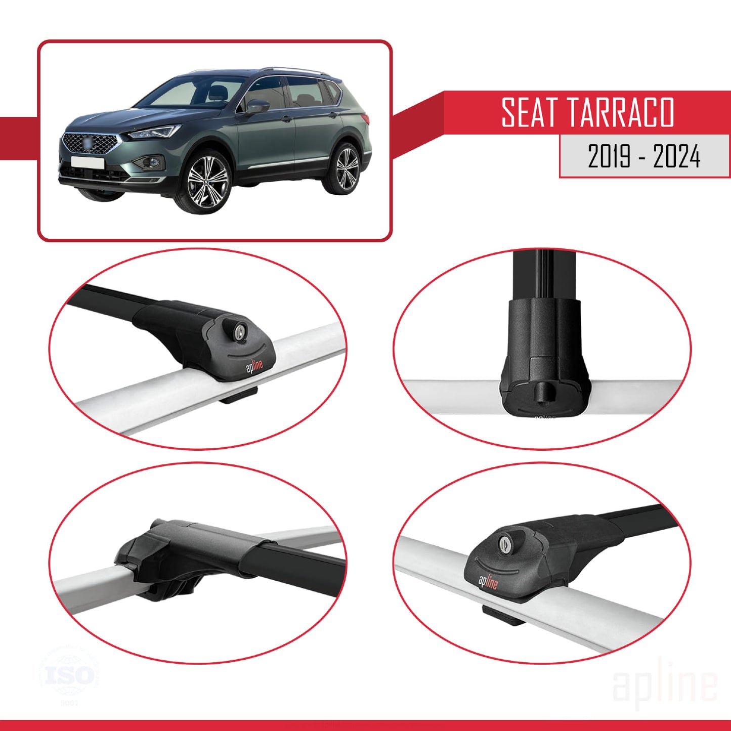 Compatible with Seat Tarraco 2019-2024 ACE-1 Car Roof Rack Cross Bar Black Aluminium 2 Bars