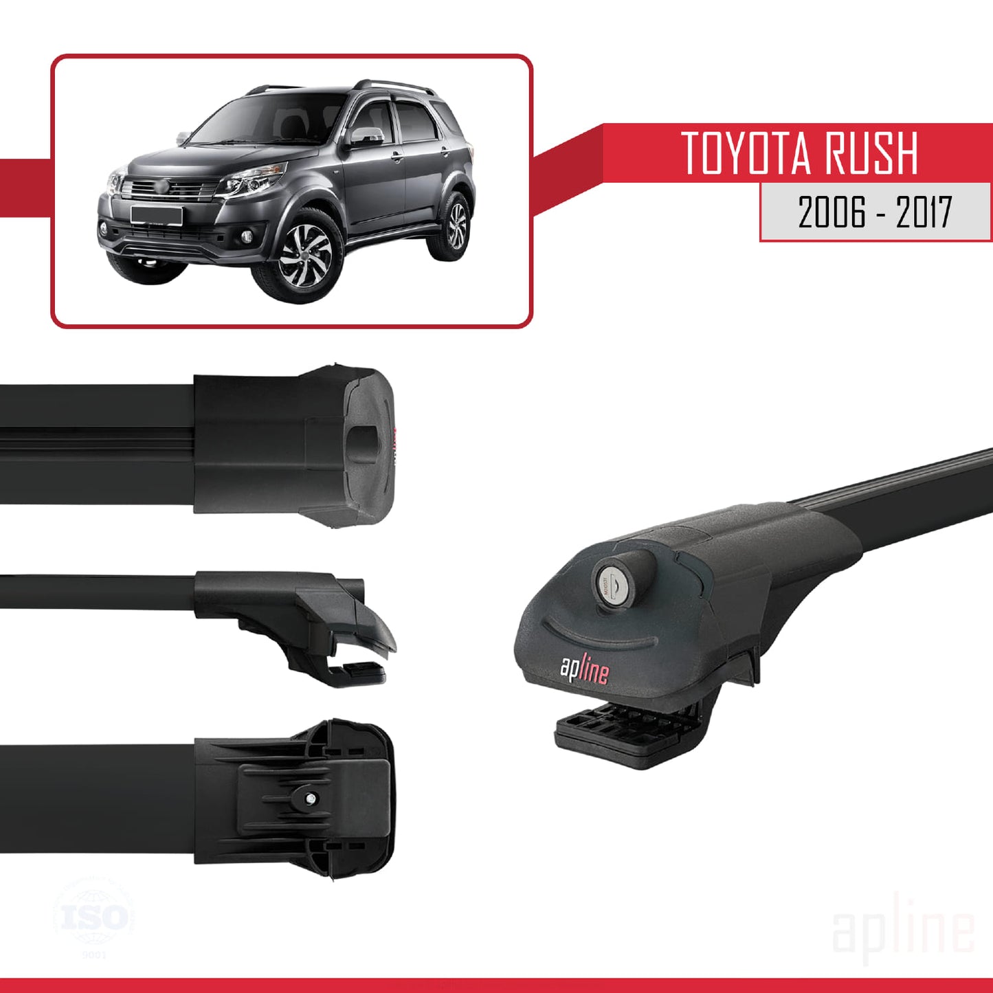Compatible with Toyota Rush 2006-2017 ACE-1 Car Roof Rack Cross Bar Black Aluminium 3 Bars