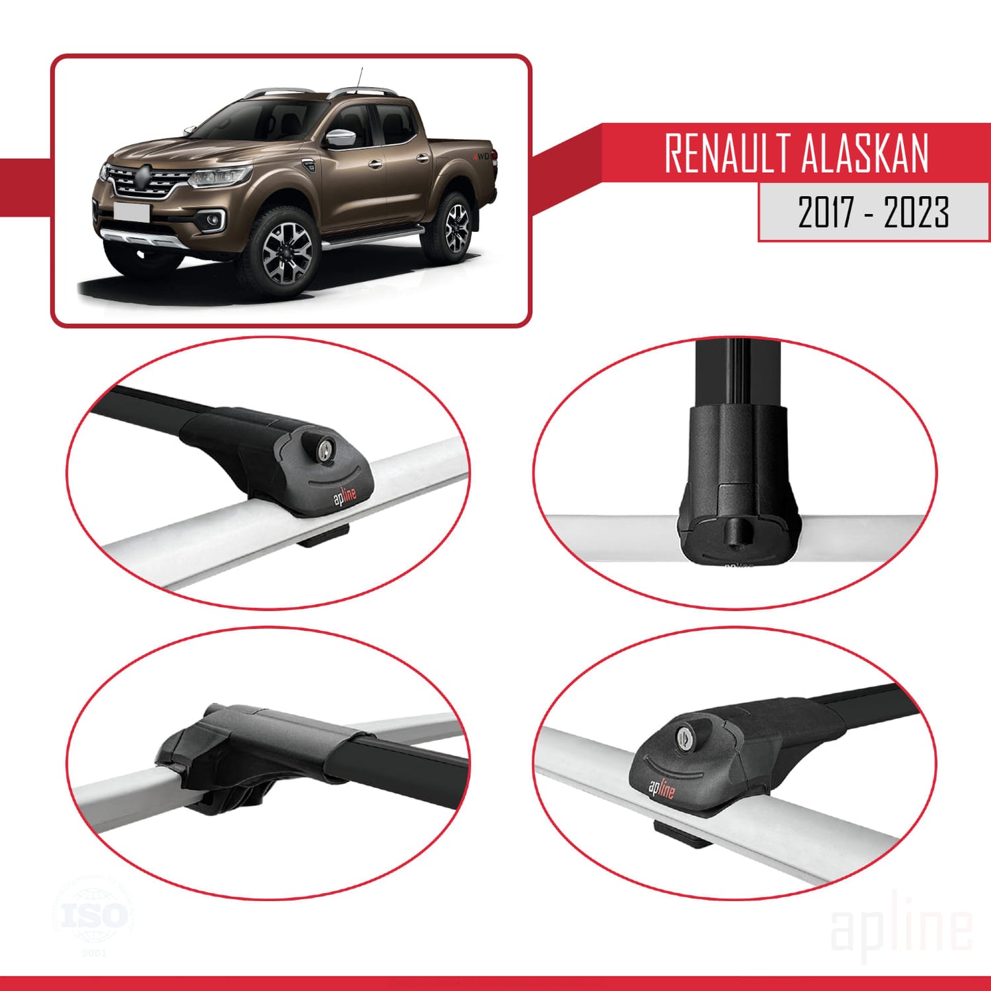 Compatible with Renault Alaskan 2017-2023 ACE-1 Car Roof Rack Cross Bar Black Aluminium 3 Bars
