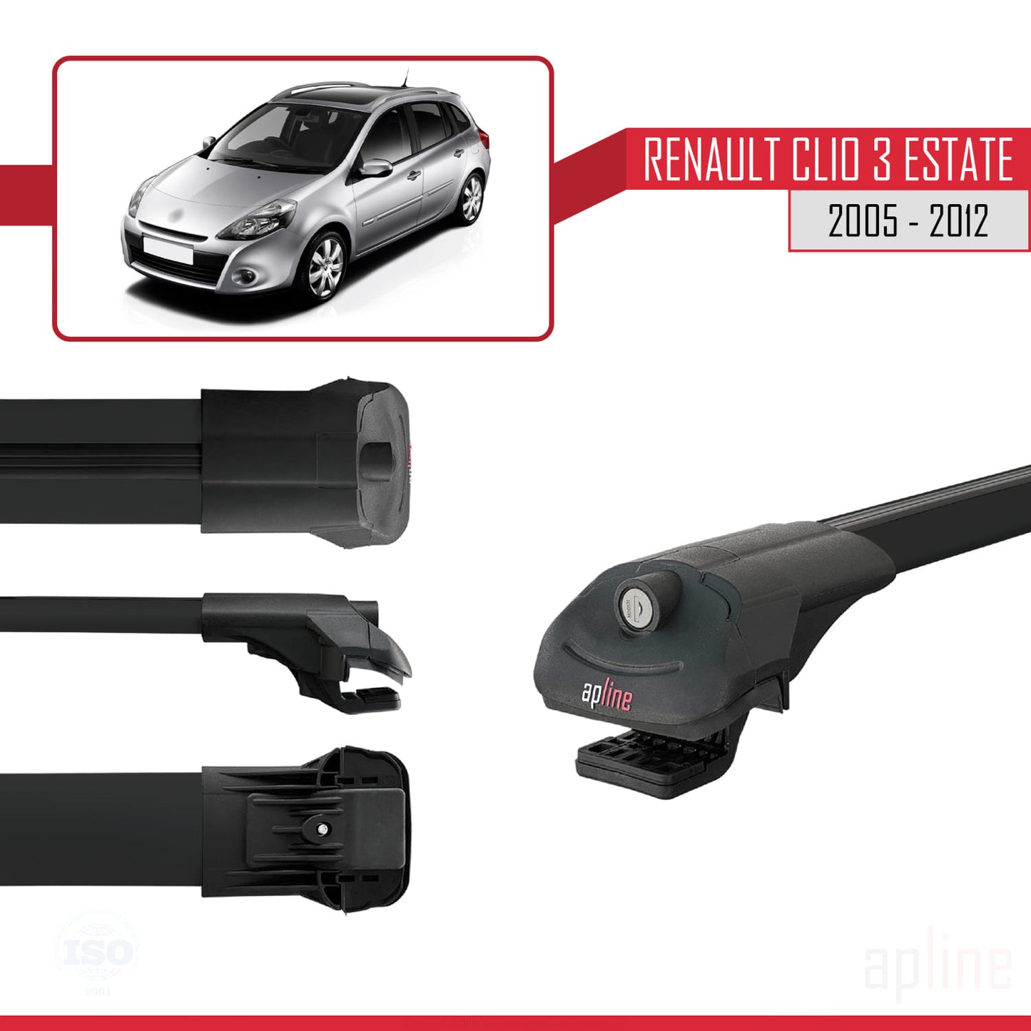 Compatible with Renault Clio 3 Estate 2005-2012 ACE-1 Car Roof Rack Cross Bar Black Aluminium 3 Bars