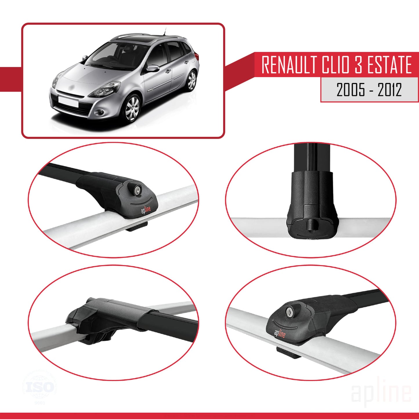 Compatible with Renault Clio 3 Estate 2005-2012 ACE-1 Car Roof Rack Cross Bar Black Aluminium 2 Bars
